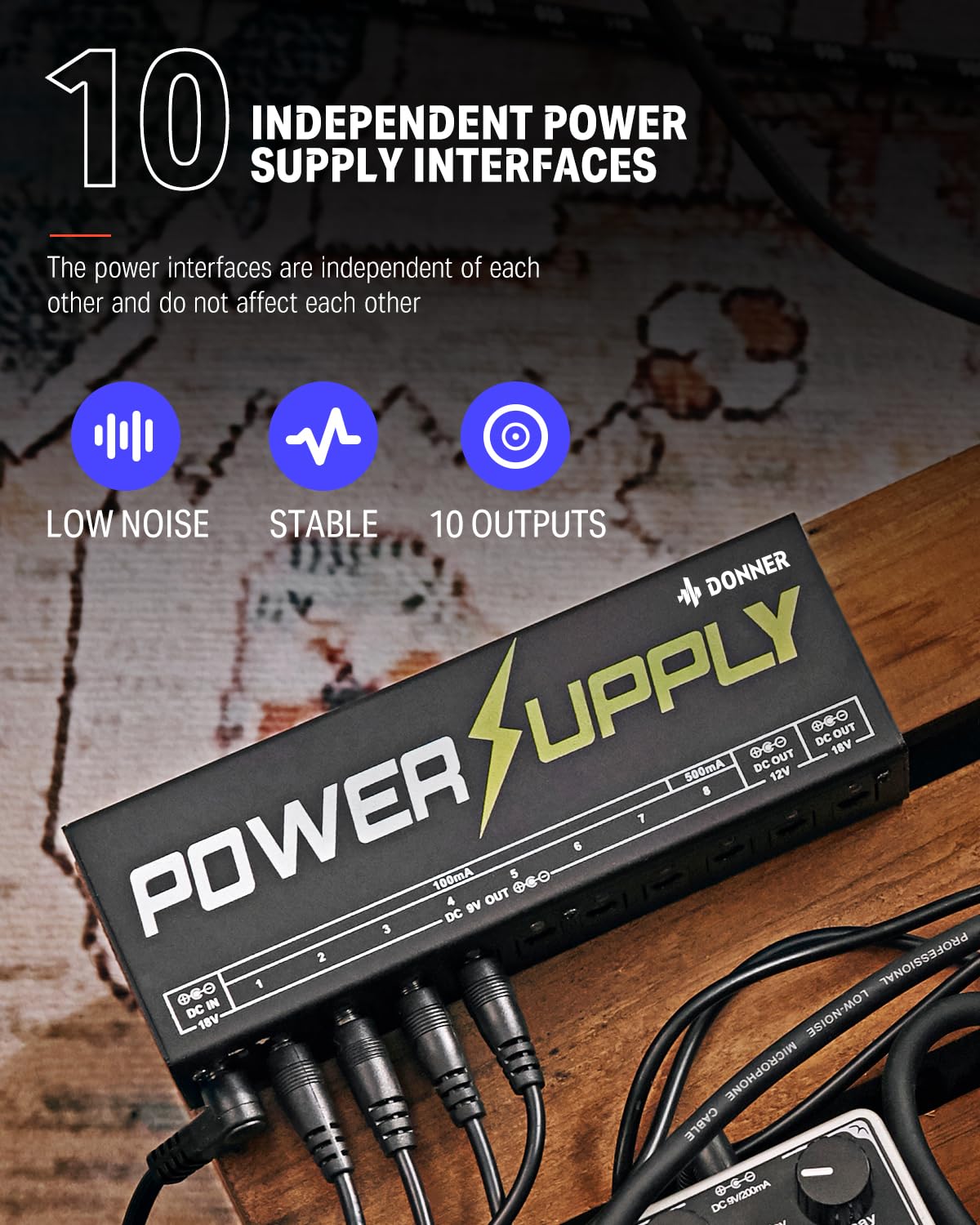Donner DP-1 Effect Pedal Power Supply 10 Isolated DC Output for 9V/12V/18V Pedal With Blue LED Indicator