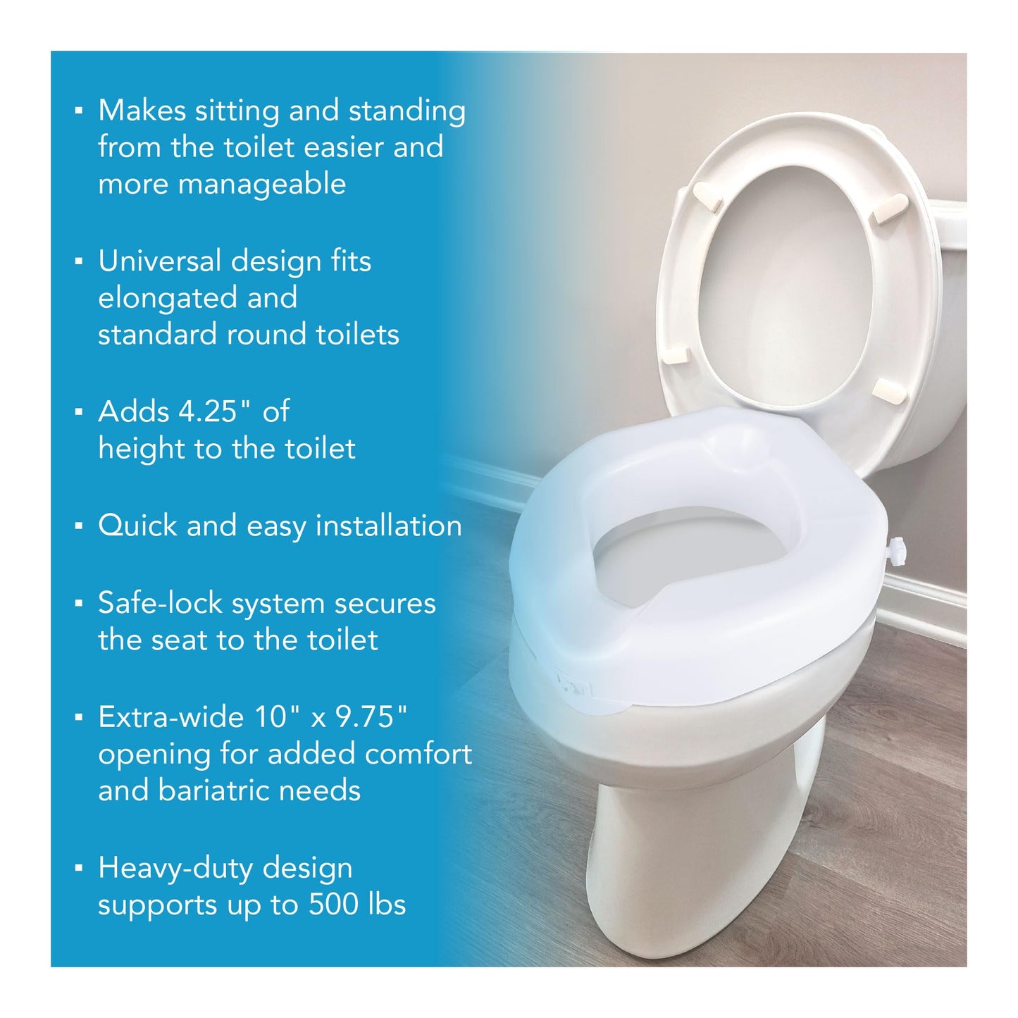 Carex Raised Toilet seat with Extra Wide Opening - toilet Seat Riser with Safe Lock - Adds 4 1/2" to Height Of Toilet