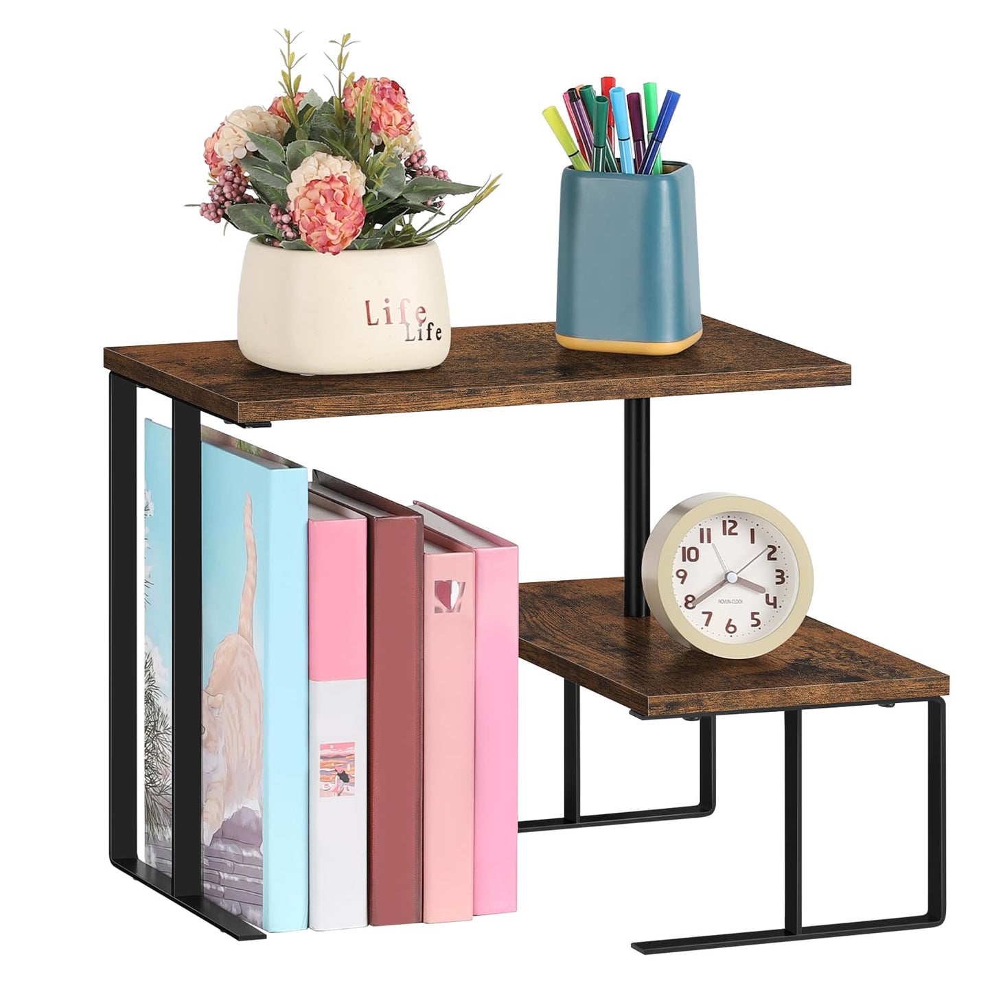 Shinoske Desk Shelf Organizer,15.7" Adjustable Corner Shelf Organizer,2-Tier Small Desktop Bookshelf,Spice Rack,Home Office Wood Display Shelf,Rustic Brown