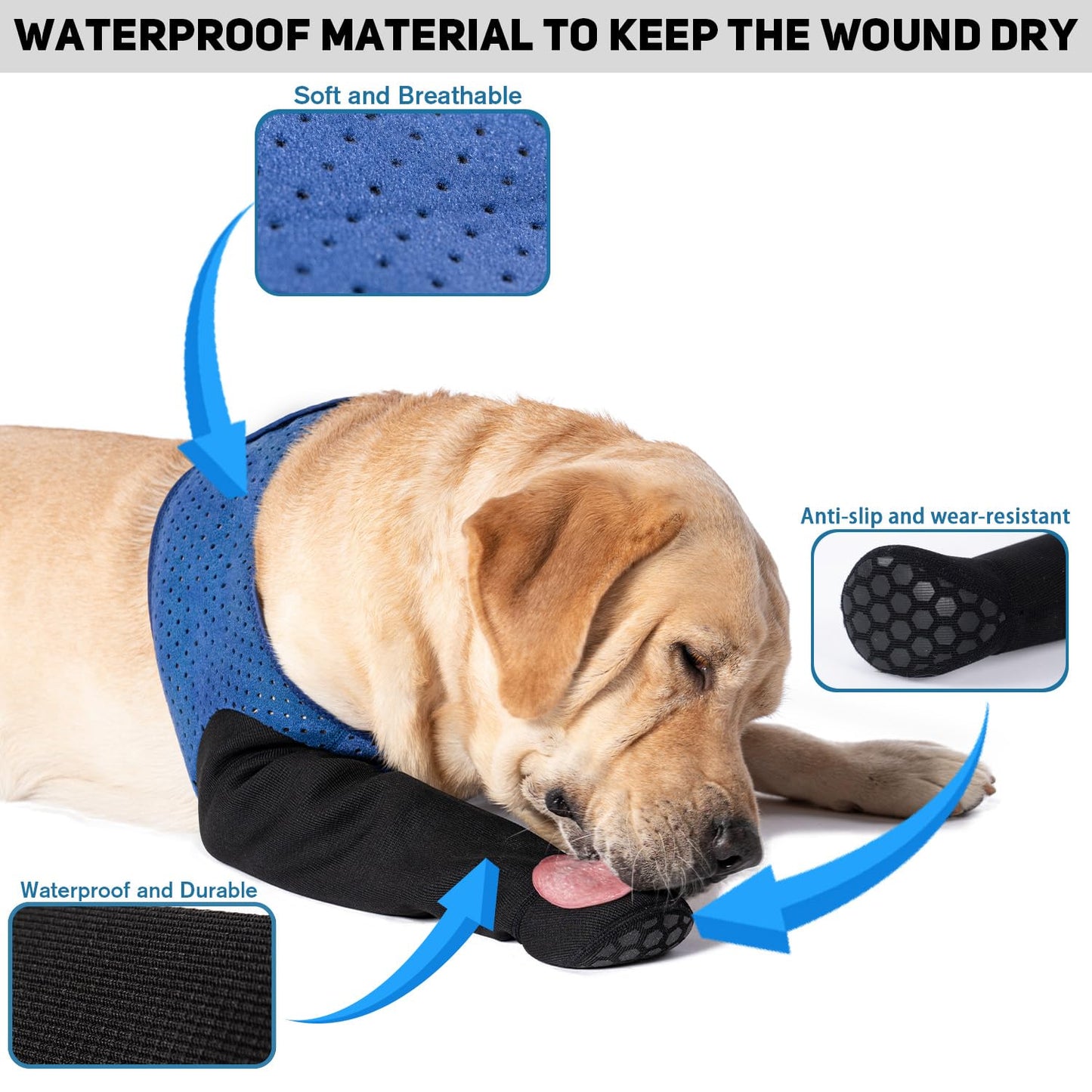 COODEO Dog Socks to Prevent Licking Paws, Healing Boots & Paw Protectors with Non-Slip Bottoms for Wound Protection, Waterproof Sleeve Shoes for Licking（Blue，L_Right