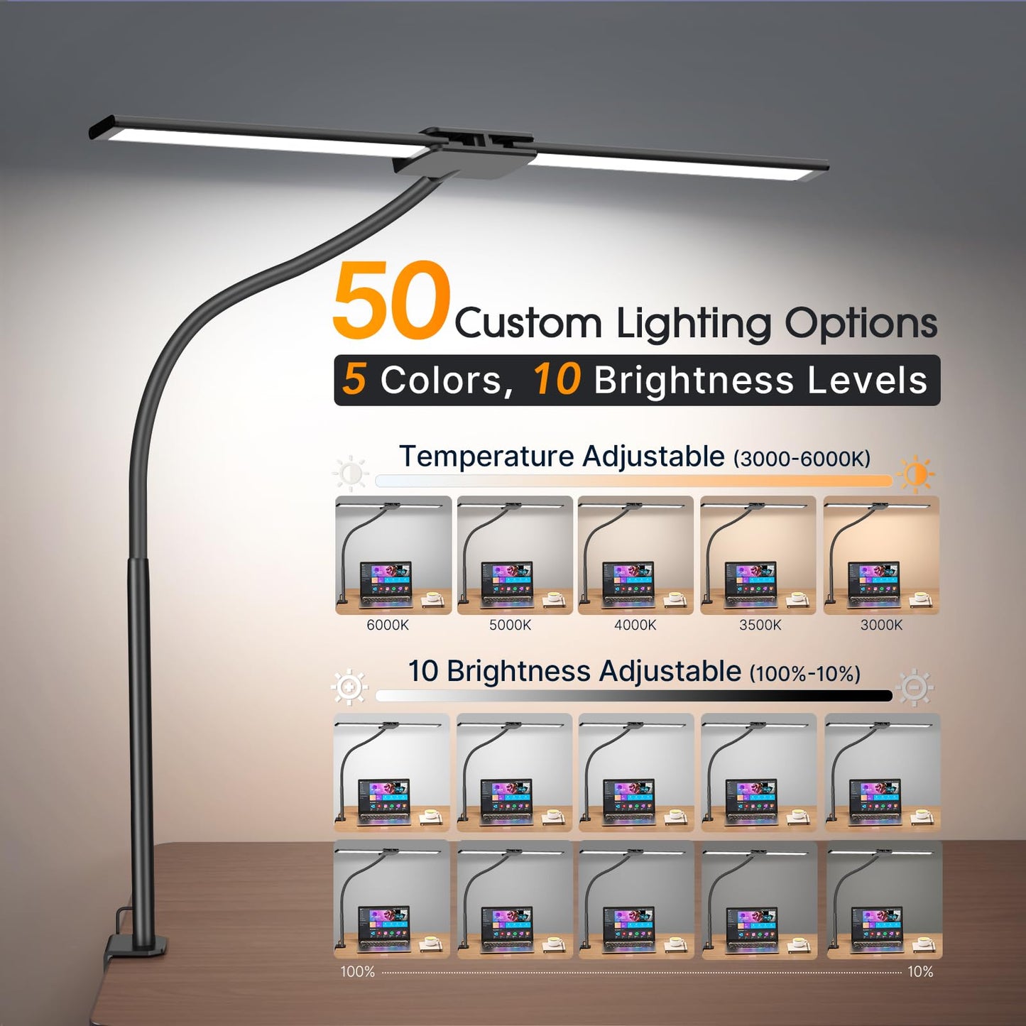 Syrinx LED Desk Lamp with Clamp,Dual Head Gooseneck Desk Lamps Home Office with Gesture Switch & Wired Control, 18W Bright Adjustable Desk Light Eye-Caring Office Desk Lamp for Crafting Reading