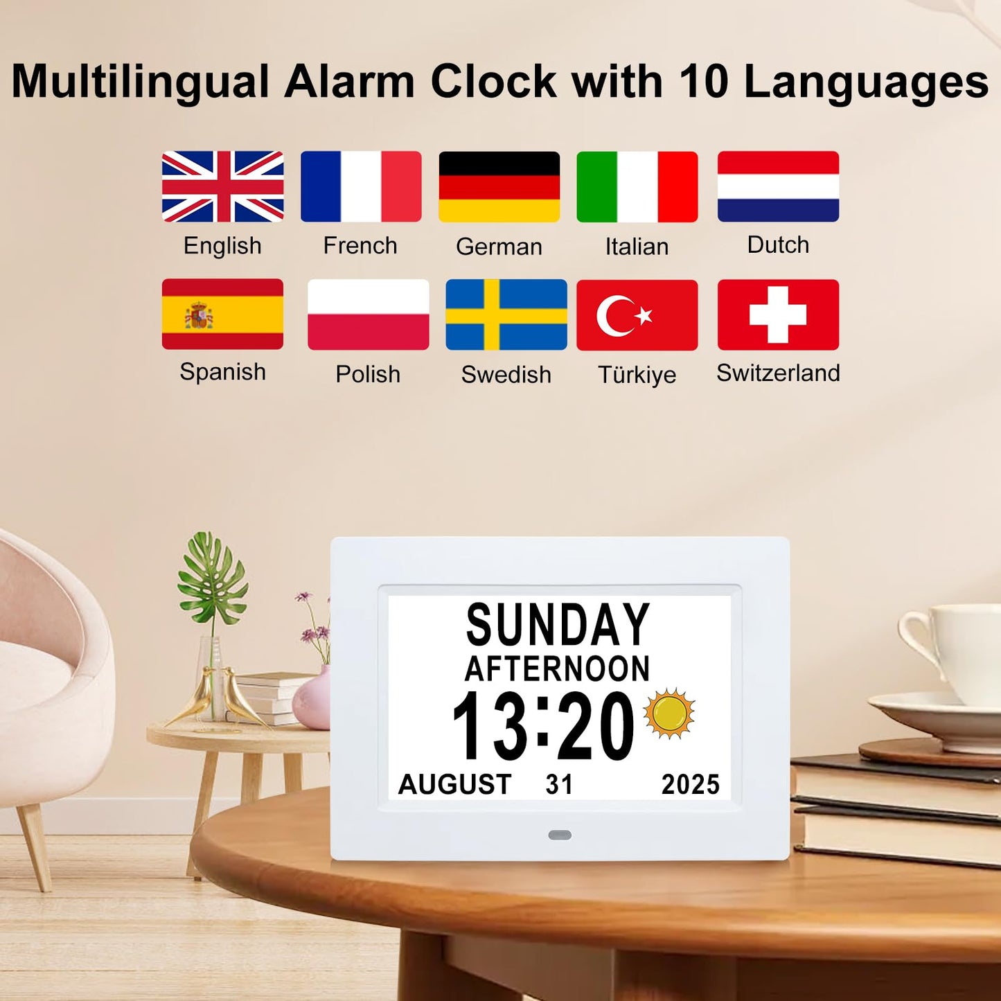 Dementia Clock for Seniors 7" Large Display Digital Calendar Day Clock,15 Custom Reminders, Alarm Clock with Day and Date,Auto-Dimmer,Electronic Calendar for Elderly Alzheimer's White-Remote Control