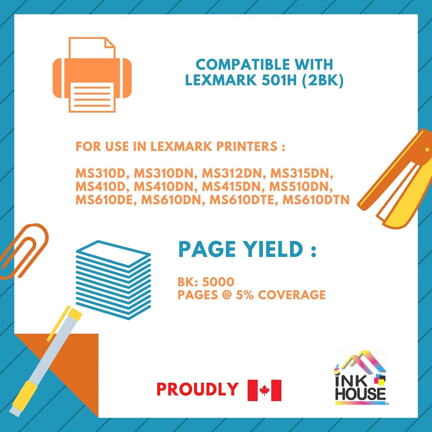 Ink House Compatible for 501H (50F1H00) Toner Cartridge - High Capacity for MS310,MS410,MS510,MS610 (5000 Pages) Ships from Canada (2 Pack)