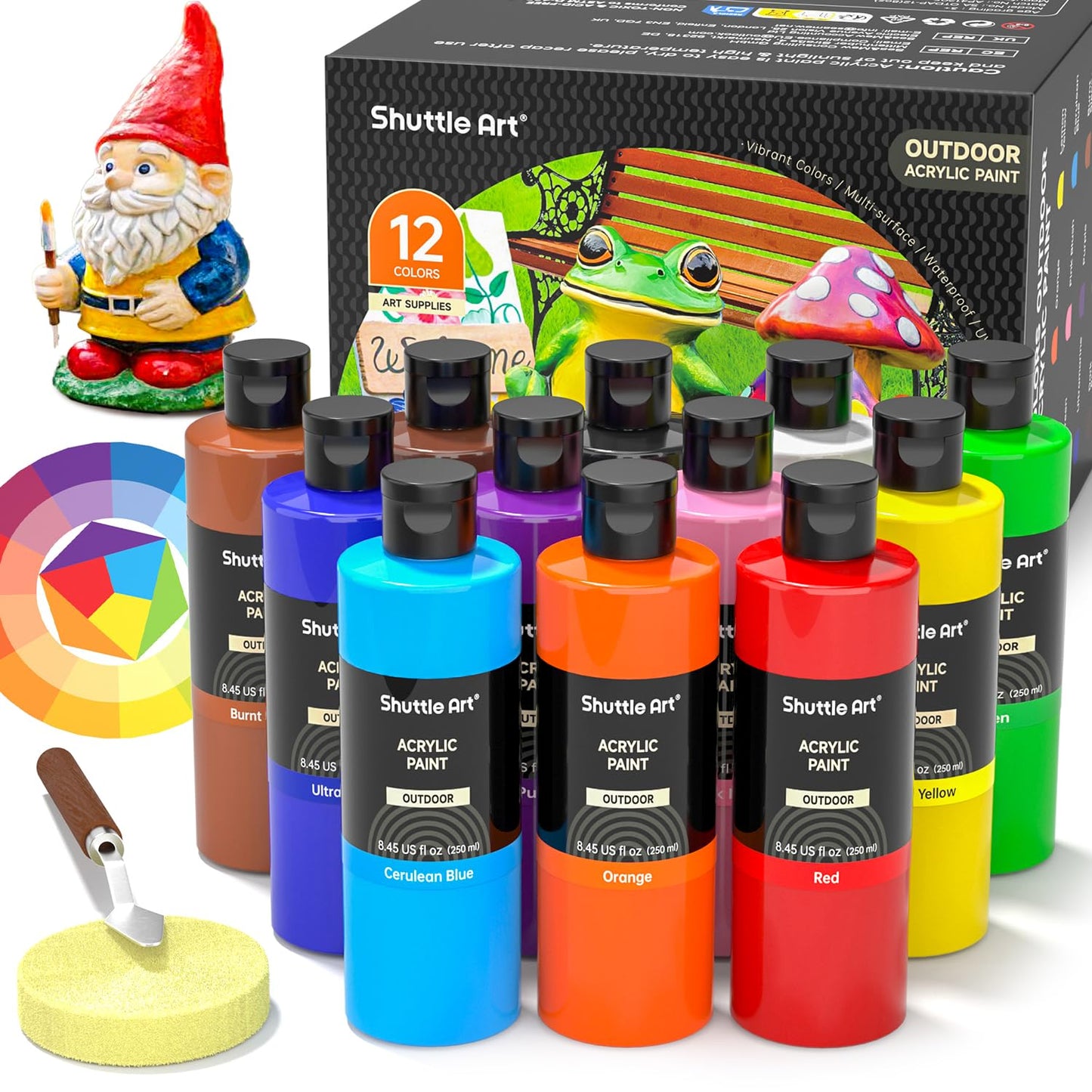 Shuttle Art Outdoor Acrylic Paint Set, 12 Colors Waterproof Paint, 8.45oz/250ml Large Bottles, Rich Pigmented Bulk Painting Supplies for Artists, Beginners on Rocks, Wood, Wall and Garden Statues