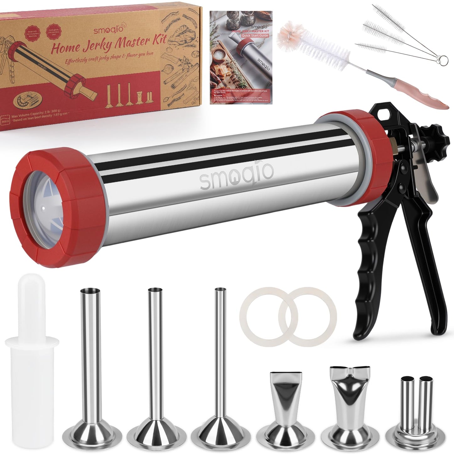 SMOQIO 2LB Jerky Gun, 304 Stainless Steel Beef Jerky Gun Kit, Sausage Stuffer with 6 Versatile Nozzles, Suitable for 19mm Snack Stick, with 4 Cleaning Brushes and 1 Meat Stomper