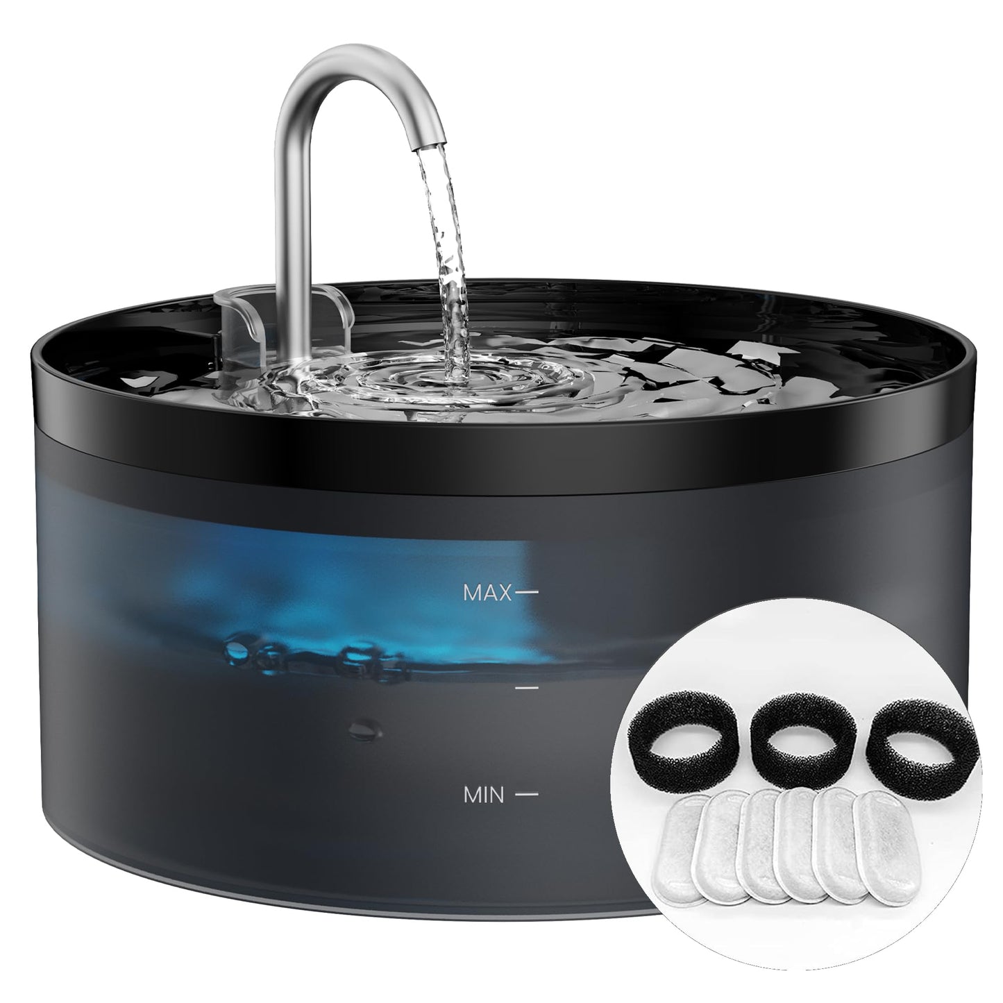 GIOTOHUN Cat Water Fountain: 3.2L Black Cat Drinking Fountain - Silent, Triple Filtration, LED Light, 6 Filters + 3 Sponges