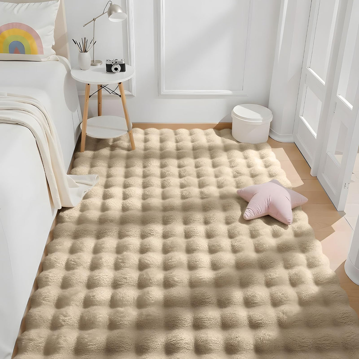 OLANLY Fluffy Faux Fur Area Rugs for Living Room, 4x6 Feet Machine Washable Bubble Area Rug, Soft Shaggy Carpet for Bedroom, Dorms, Nursery Rooms, Home Decor, Beige