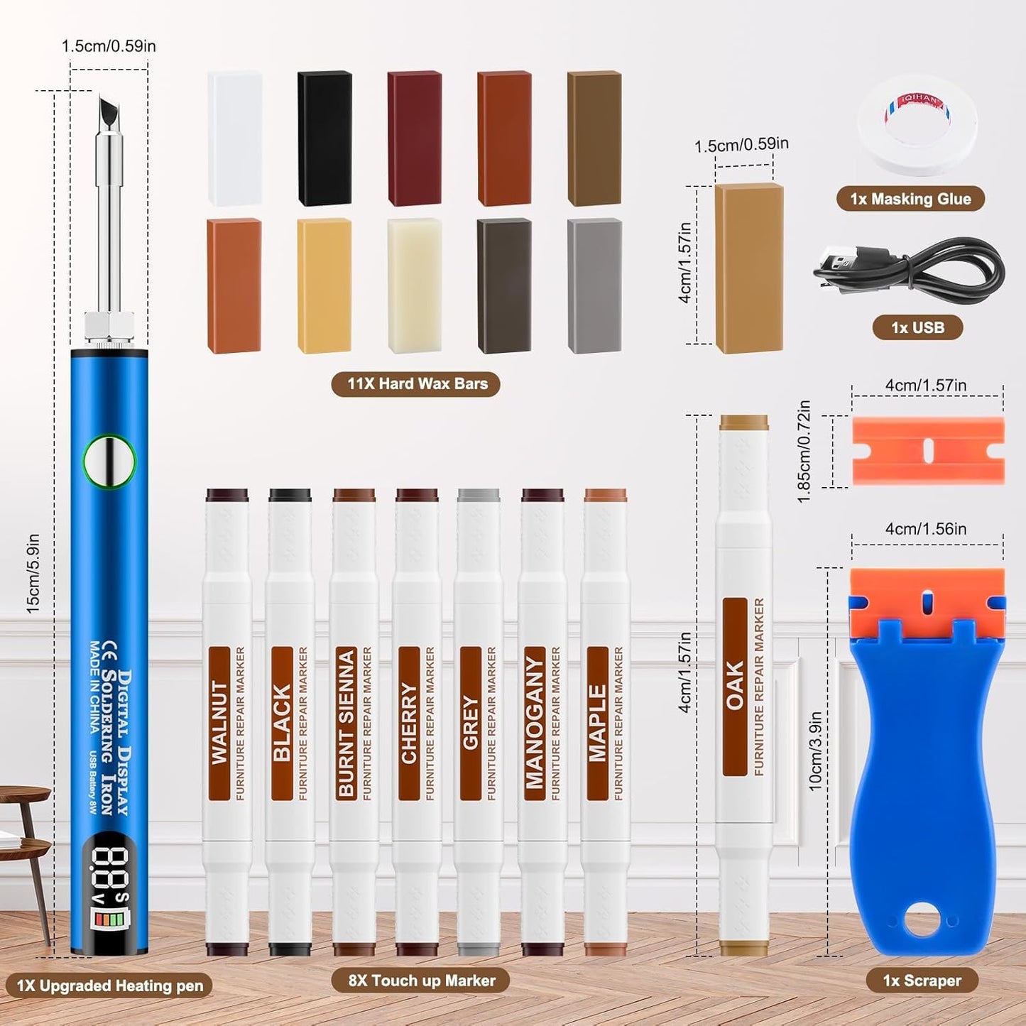 Vinyl Hardwood Repair Kit with Upgraded Heat Pen Display, Laminate Floor Repair Kit Hard Wax Wood Dual Tip Furniture Touch Up Marker Repair for Scratch, Stain, Crack, Hole, Cabinet, Door, Table