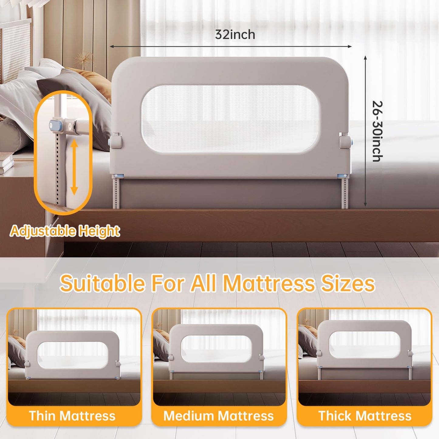 Baby Bed Rail Guard for Toddler - 32in Adjustable Heights, Swing Down Bed Rail, Extra Tall Child Safety Side Bed Rails for Kids - Foldable Toddler Bed Rail for Queen, King, Twin, Full Size Beds