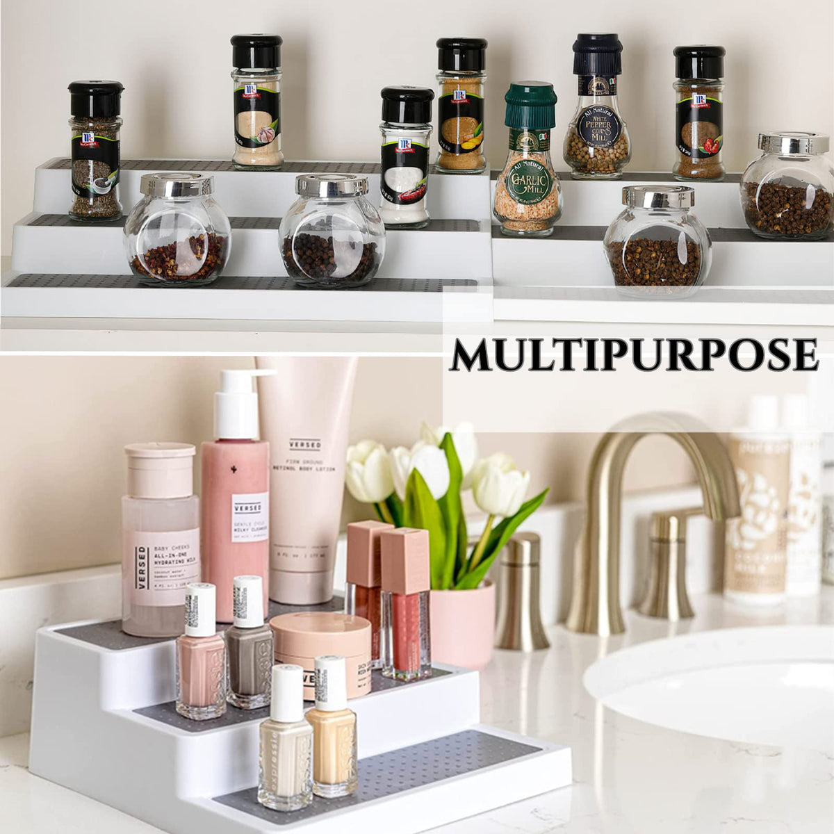 Expandable Spice Rack Organizer for Cabinet 3-Tier for Pantry Cabinet or Countertop, Waterproof, and Non Skid Shelf, for Spice Bottles, Jars, Seasonings, Baking Supplies - 2 Pack
