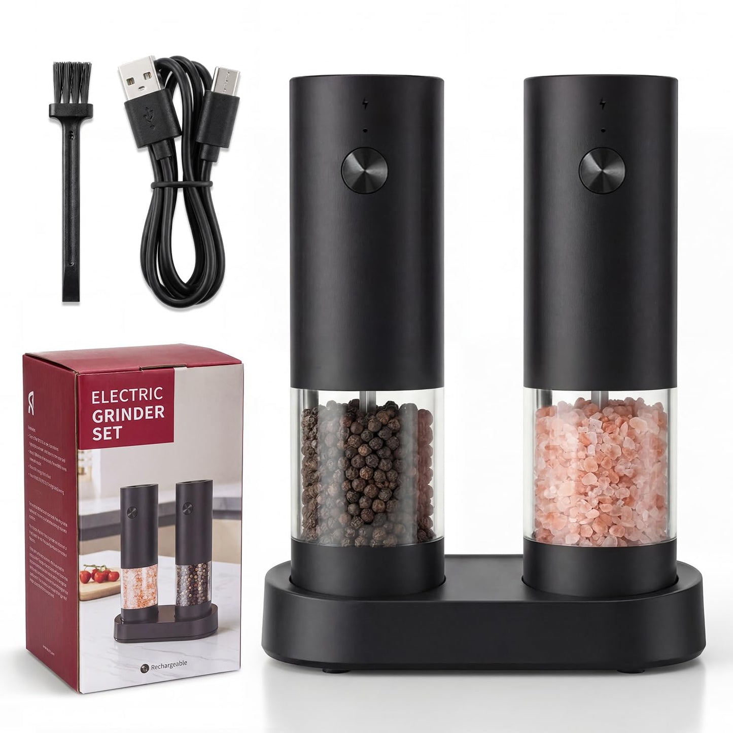 Katbite Electric Salt and Pepper Grinder Set with Charging Base, Rechargeable Automatic Pepper Grinder Easy Top Refill, Adjustable Coarseness, 140ml Large Capacity, One-Handed Operation for Kitchen