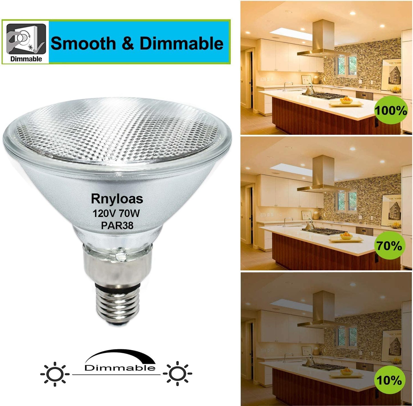 Rnyloas PAR38 Halogen Flood Light 70W 120V（80W Equivalent,4 Pack Long Lifespan PAR38 Flood Light Dimmable, High Output 800LM PAR38 Bulb with E26 Base, 2800k Warm White Halogen Par38 Light Bulb