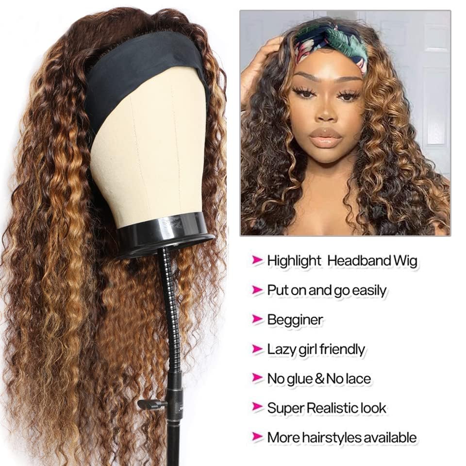 XSY Headband Wig Human Hair Ombre Highlight Curly Human Hair Wigs 16 Inch Headband Wigs for Black Women None Lace Front Wigs 150% Density 4/27 Highglight Wig