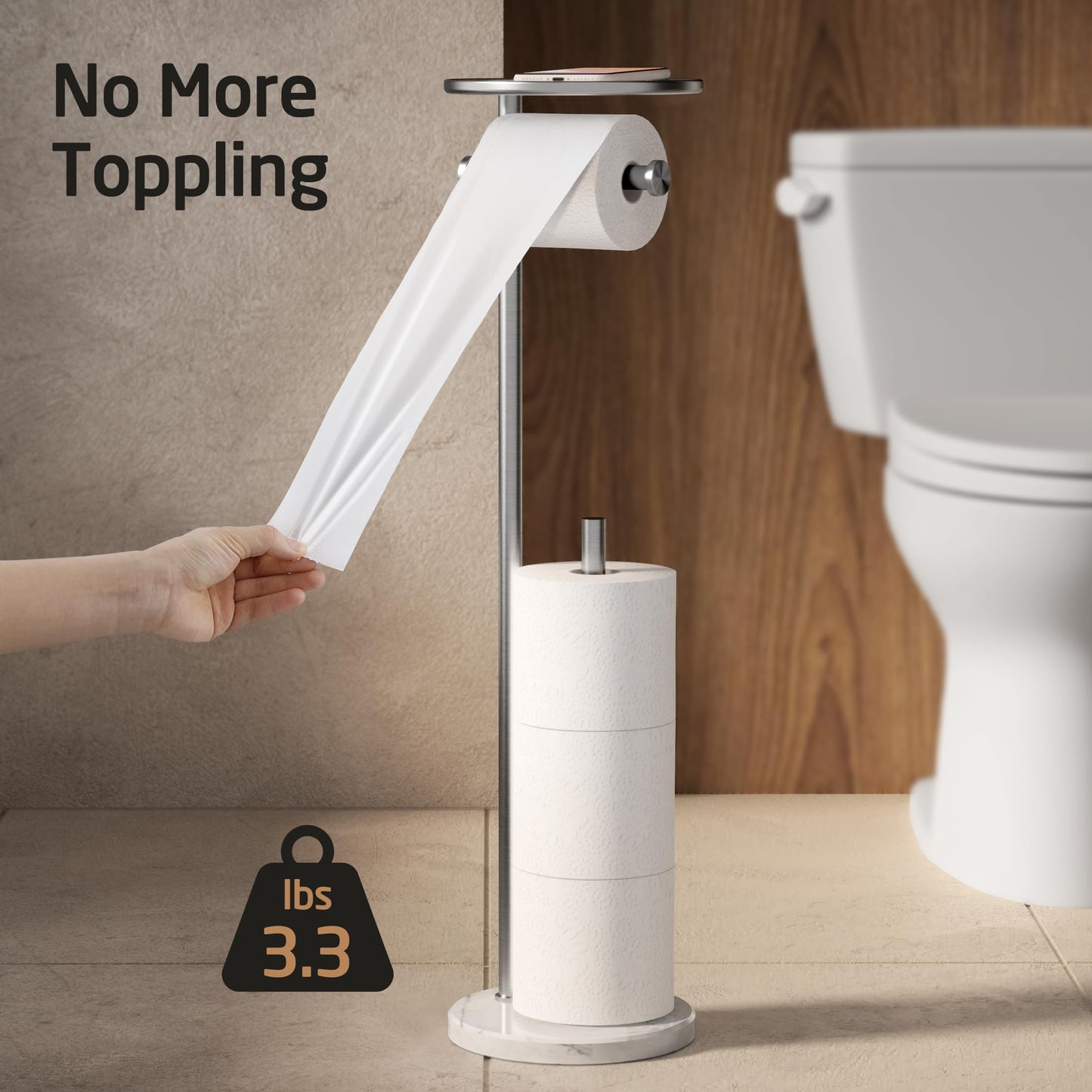 KES Toilet Paper Holder with Shelf, Toilet Paper Roll Holder Free Standing with Weighted Marble Base, Bathroom Toilet Paper Holder Storage 18/8 Stainless Steel, Brushed Steel, BPH229-2