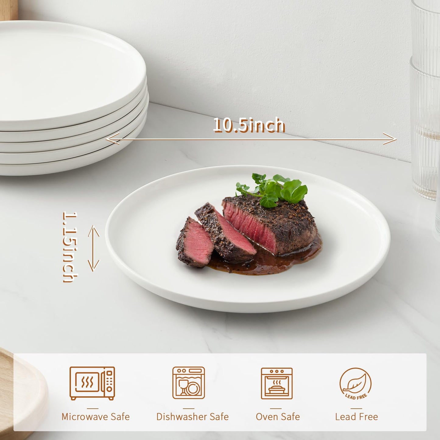 Jassceram 10.5 Inch Dinner Plates Set of 6, Modern Dinnerware Dishes Set for Family Dinner and Restaurant - Microwave, Oven and Dishwasher Safe, Scratch Resistant and Lead-Free, White
