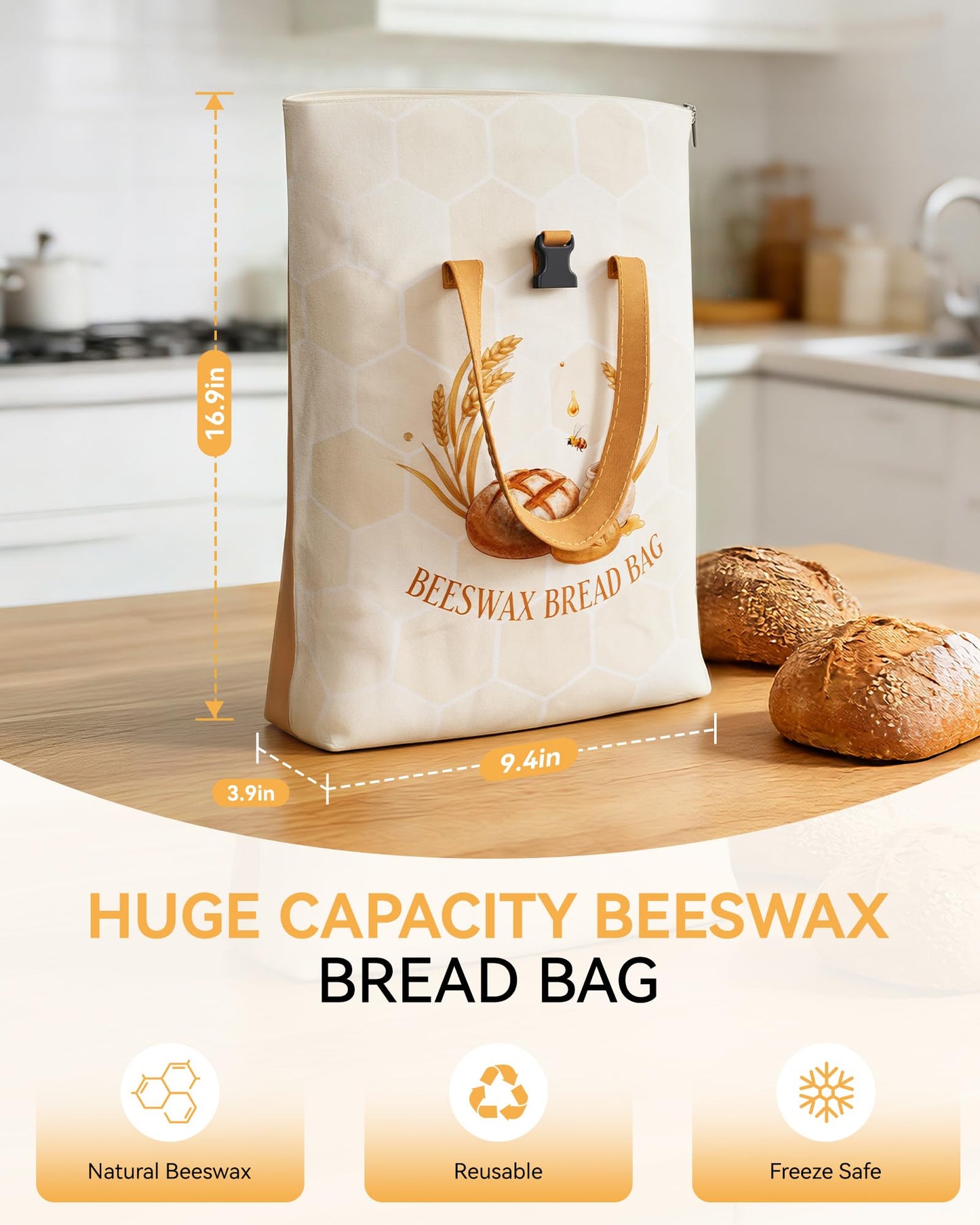 Yofidra Beeswax Bread Bag for Sourdough & Homemade Bread (Reusable & Eco-Friendly) - 100% Natural Beeswax & Cotton, Stylish Bag Design, Detachable for Easy Cleaning, Long-Lasting Freshness (2 Packs)