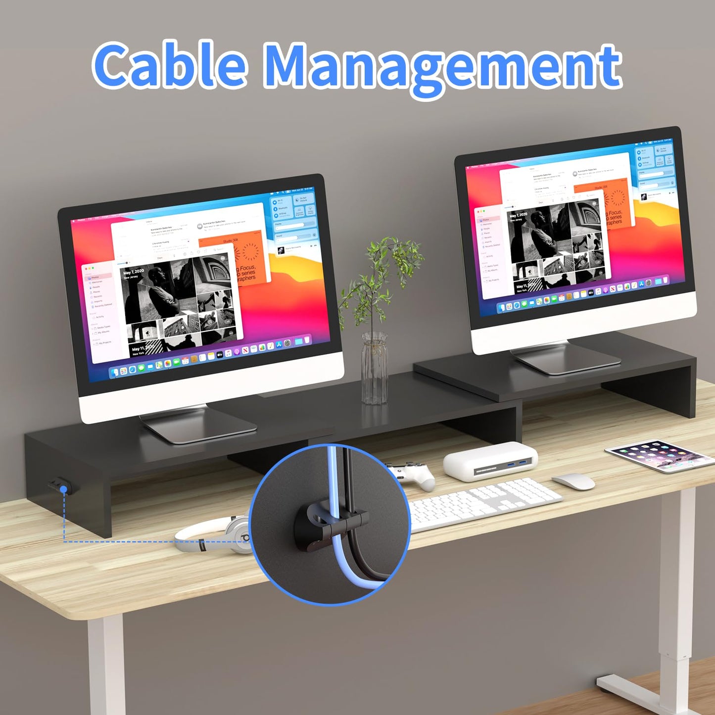Pholiten Dual Monitor Stand Riser for 2 Screens，Desktop Monitor Stand with Adjustable Length and Swivel Angles, Extra Long Multifunctional Stand up to 48.2" fit Computer Laptop Printer Max 44 lbs