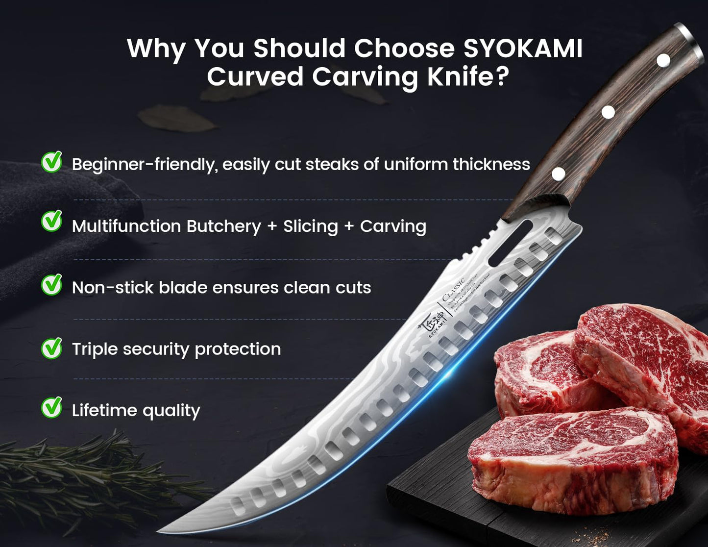 SYOKAMI Butcher Knife, 10.5 Inch High Carbon Japanese Style Carving Knife with Wood Full Tang Handle, Damascus Pattern, Razor Sharp Breaking Knife with Gift Box Ideal for Thanksgiving Day, BBQ