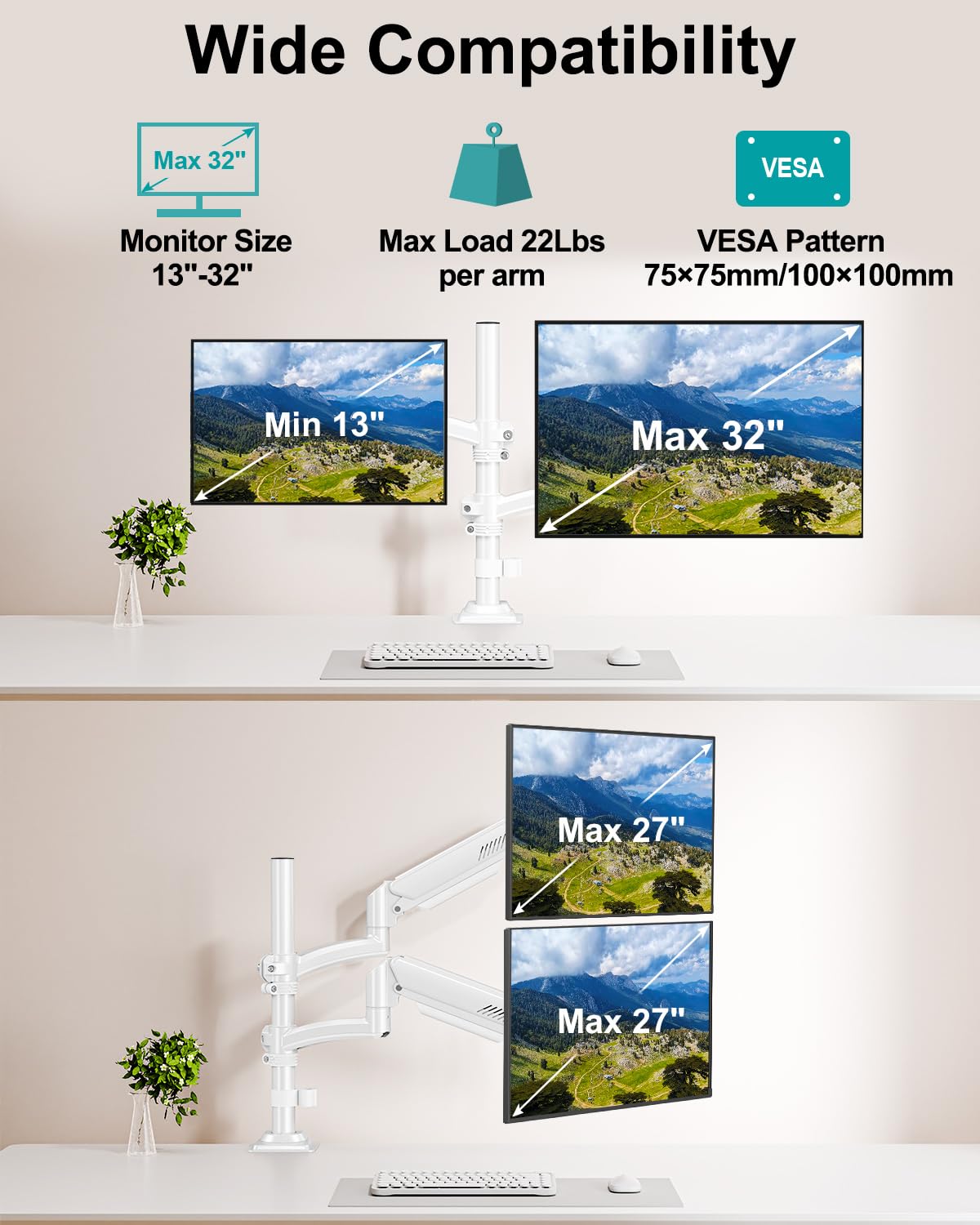 Dual Monitor Stand for Desk, Taller Monitor Arms for 2 Screens up to 32 inch, Ergonomic Adjustable Spring Double Computer Monitor Mount, Holds 4.4-22lbs, VESA 75/100mm, White, Freelift