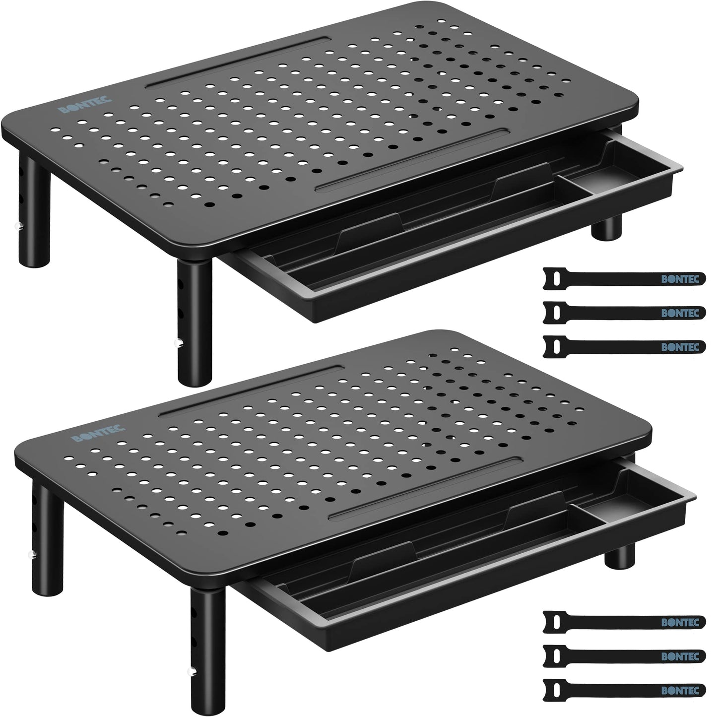 BONTEC 2 Pack Monitor Stand Riser, 3 Height Adjustable Monitor Stand for Desk, Computer Monitor Riser Stand with Mesh Platform for Laptop, Computer, iMac, PC (Black, 2 Pack with Storage)