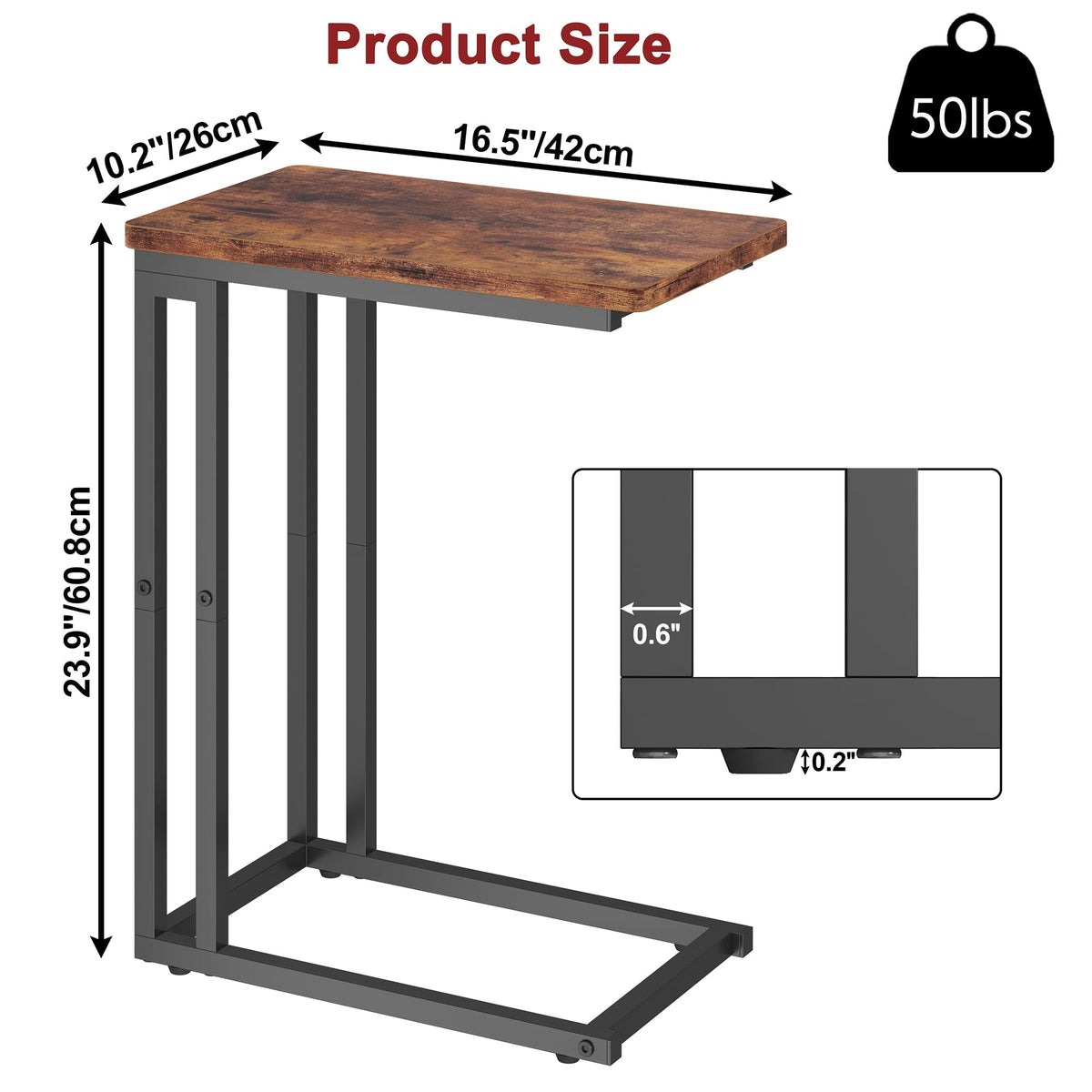 Yusong C Shaped End Table, Couch Side Table that Slide Under Sofa Bed, Small Table for Small Spaces, Skinny Overbed Table, Coffee Drink Snack Table for Living Room, Rustic Brown