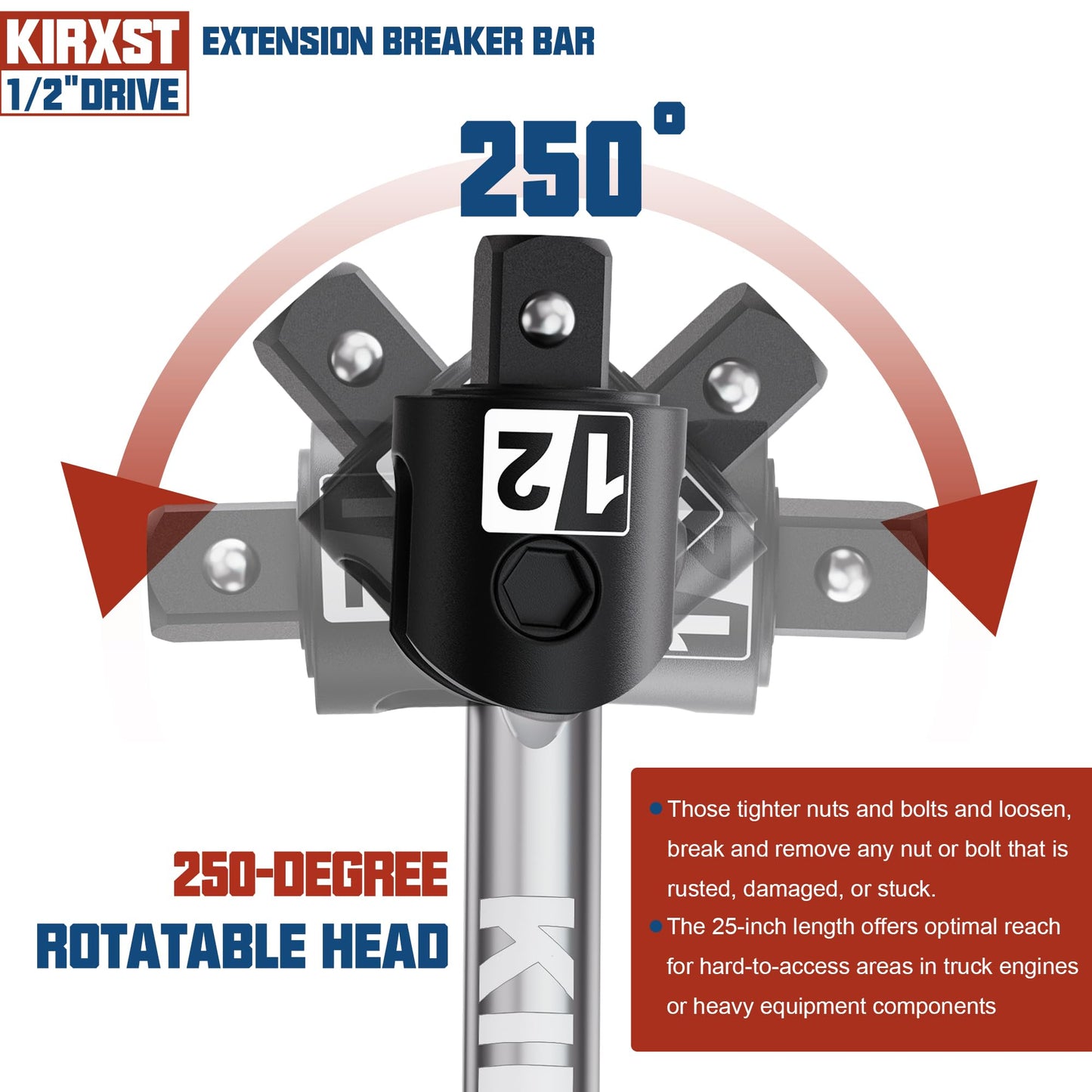 25-Inch 1/2” Drive Breaker Bar, 250° Rotatable Head, Heavy Duty Extension Breaker Bar, Ball Lock Function, Laser Marking, Mechanical Work, Automobile and Motorcycle Maintenance and Repair