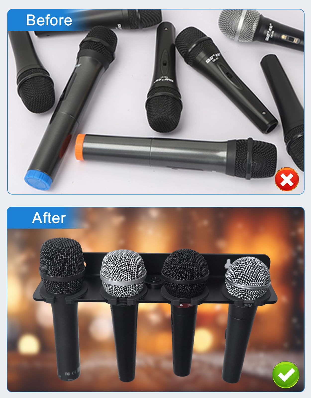 Multi Microphone Holder for Wired and Wireless Mics, Hold Up to 4 Mics, Multiple Mic Organizer Storage for Mic Stand, Rubber Padding/Wall Mounted or Mounted to 5/8"-27 or 3/8"-16 threaded Stands
