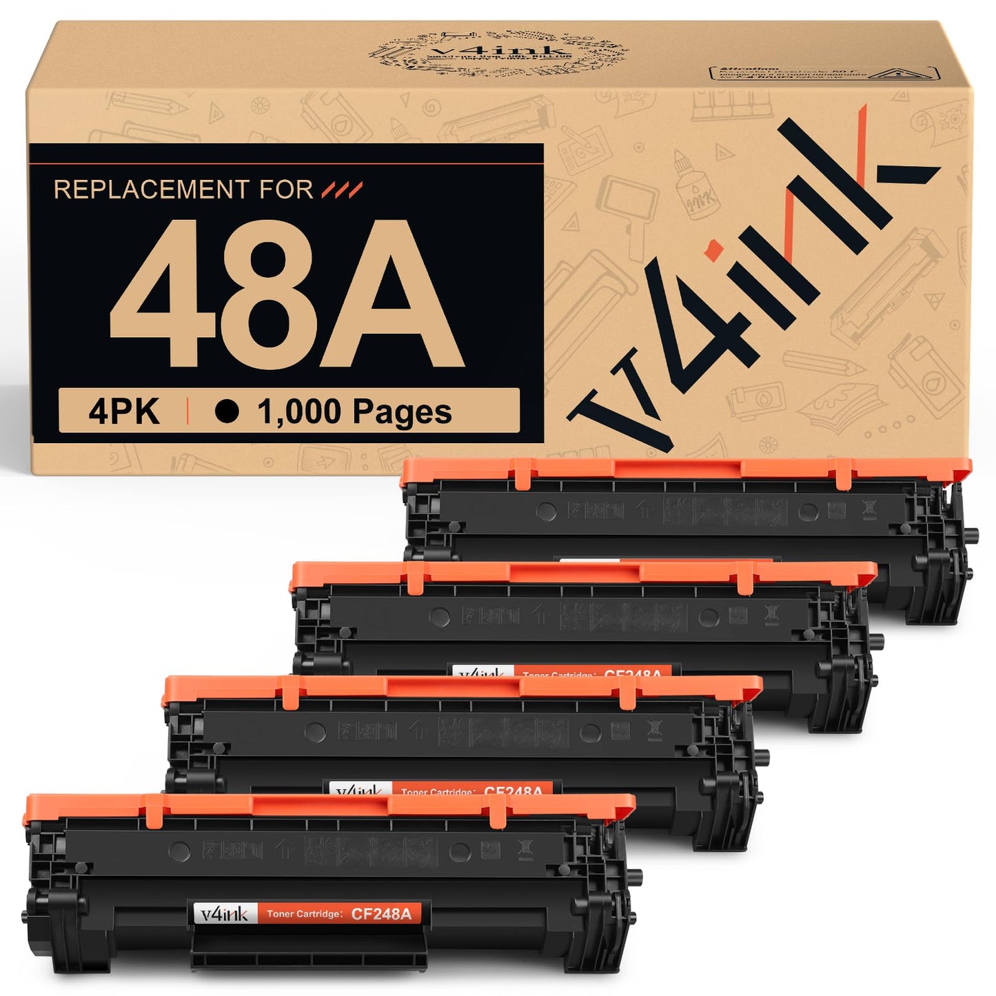 v4ink 4PK Compatible 48A Toner Cartridge Replacement for HP 48A CF248A Toner Cartridge Black Ink for use in HP Pro M15w M15a M16w M16a MFP M29w M29a M28w M28a Printer