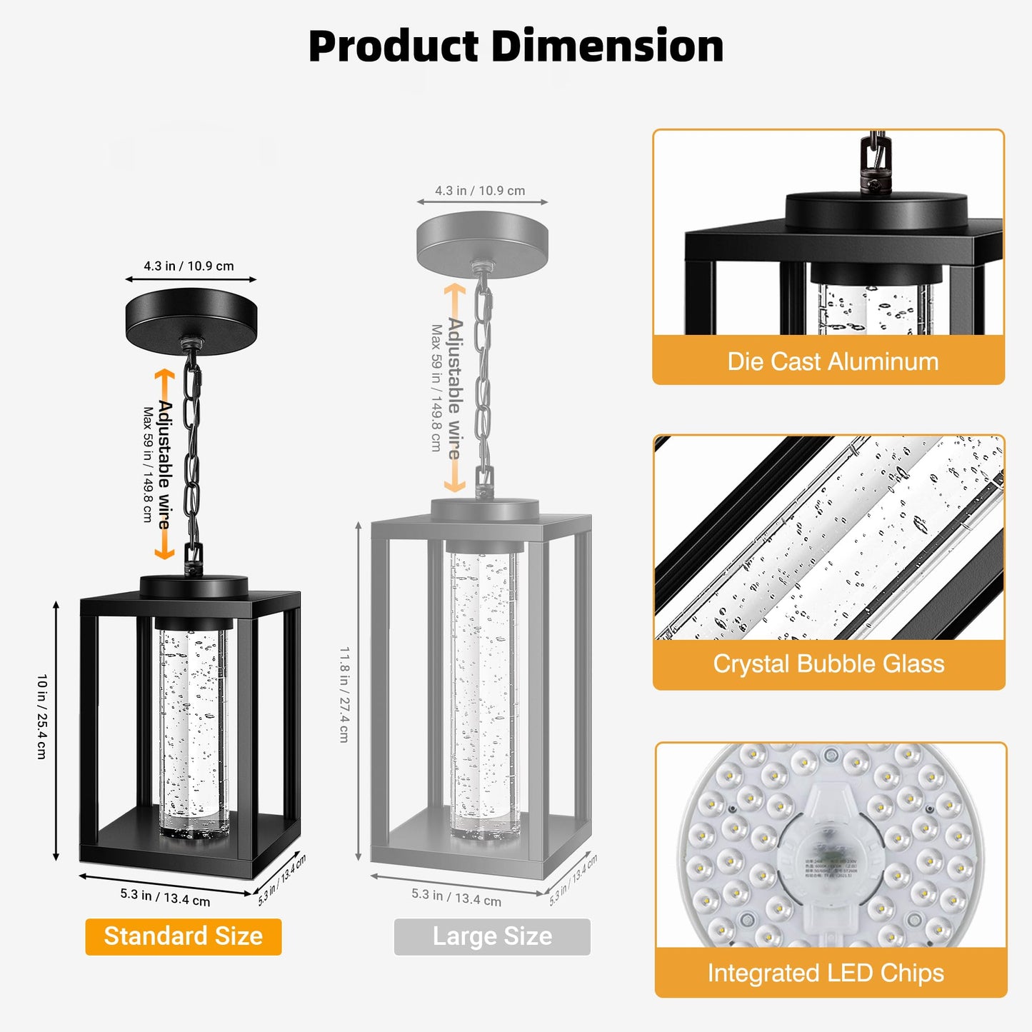 VIANIS Outdoor Pendant Lights for Porch, Aluminum Outdoor Hanging Light Fixture with Adjustable Chain, Black Modern Exterior Hanging Light with Built-in 10W LED, Waterproof Outdoor Porch Chandelier
