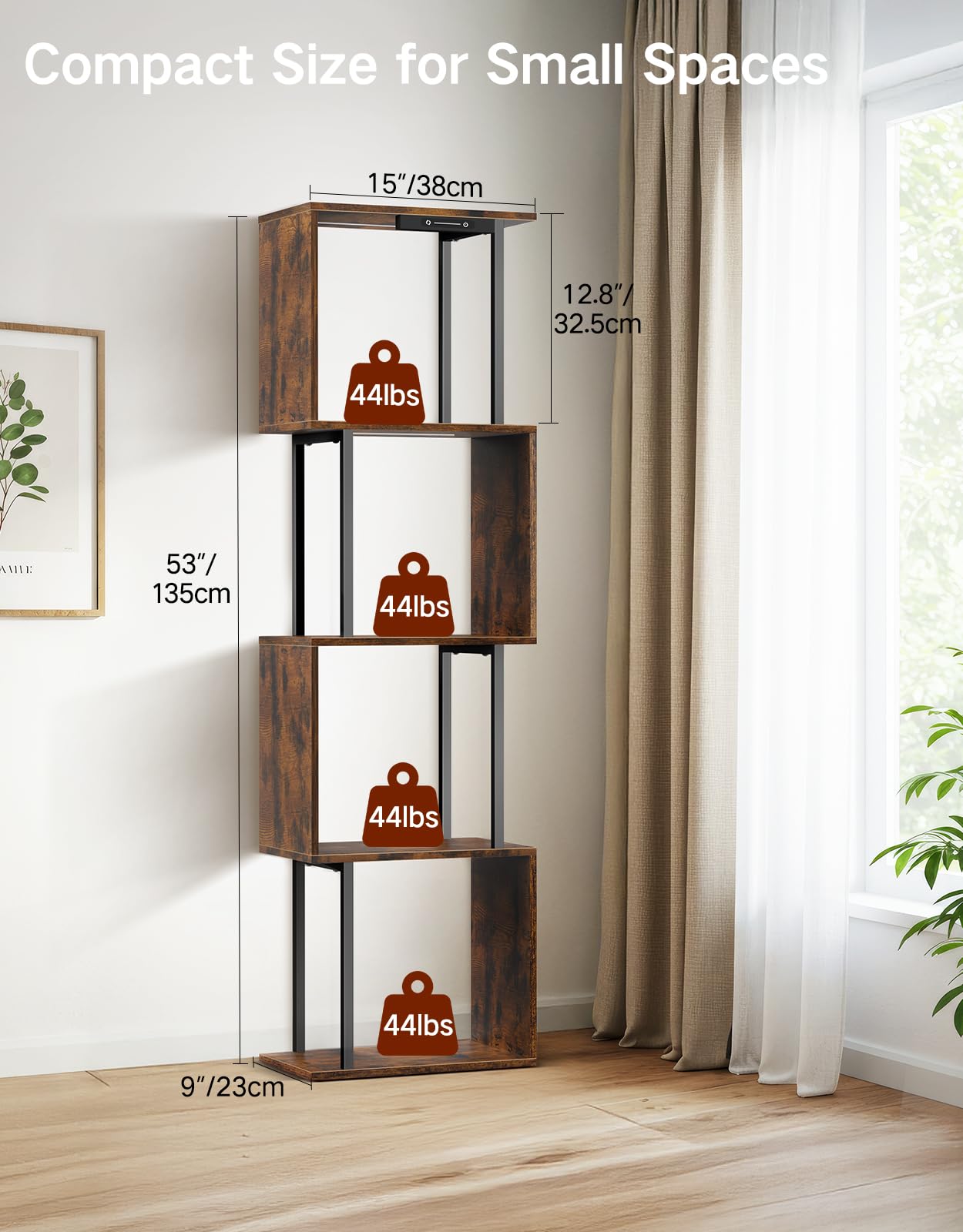 OUTONLIFE 5-Tier S-Shaped Geometric Bookshelf with LED Light, 3 Color Temperatures, Touch & Remote Control, Dimmable Standing Bookcase, Small Display Shelf for Living Room, Bedroom, Office