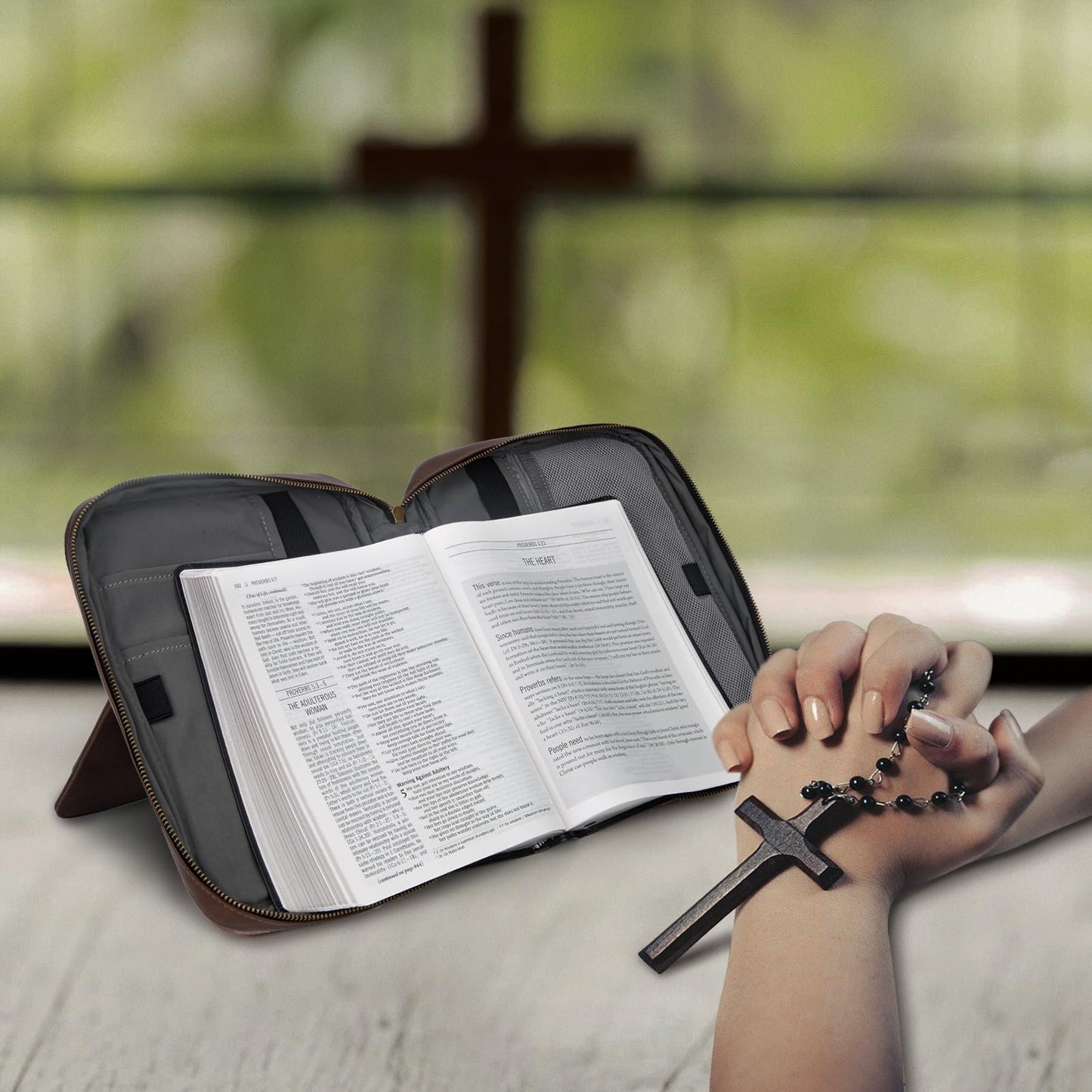 CITYCHASE Bible Covers for Men & Women, Bible Case Carrying Church Bag with Book Stand, Bible Bag with Handle, Zipper and Multi-Pockets for Scripture Study Bible Protector (Dark Brown Leather)