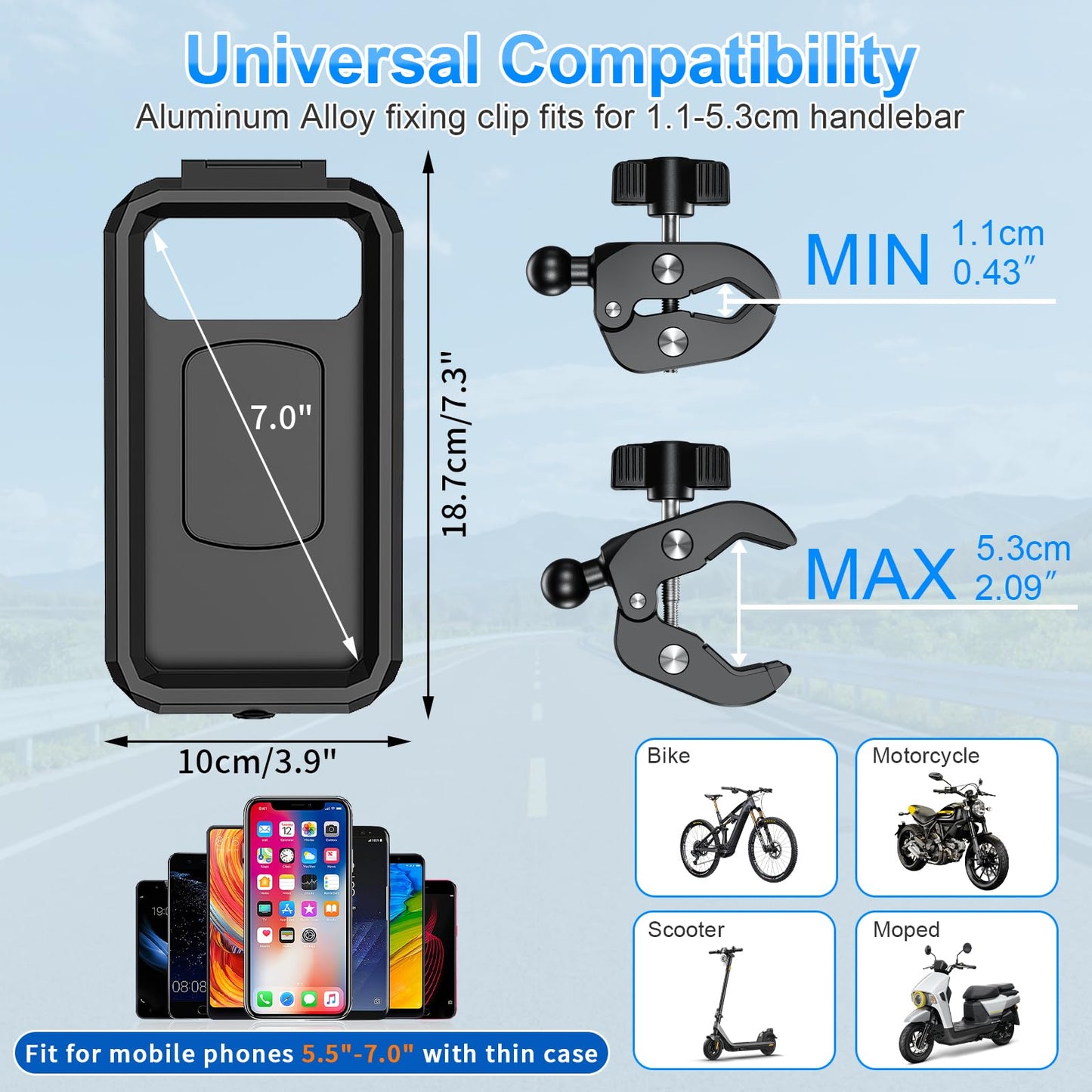 Bike Phone Holder Waterproof Motorcycle Phone Mount Holder Handlebar 360°Rotate Touch Screen Bicycle Cell Phone Holder, Anti-Shake Scooter Stroller Ebike Golf Cart Phone Clip for 5.5-7" Smartphone