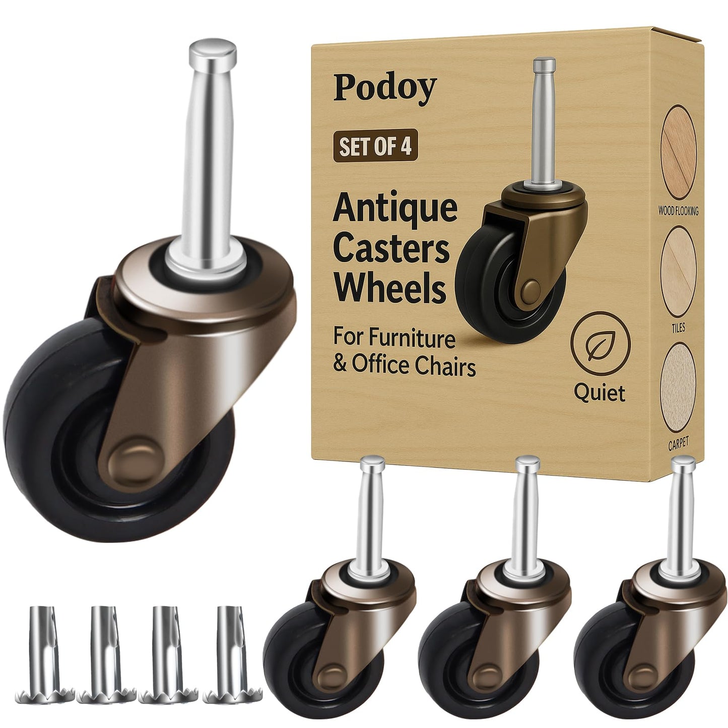 Stem Caster Wheels Heavy Duty, Set of 4 Swivel & Ball Roulettes Pour Meubles, Quiet Rolling Antique Brass Caster Wheels for Furniture Chairs, No Scratch Floors
