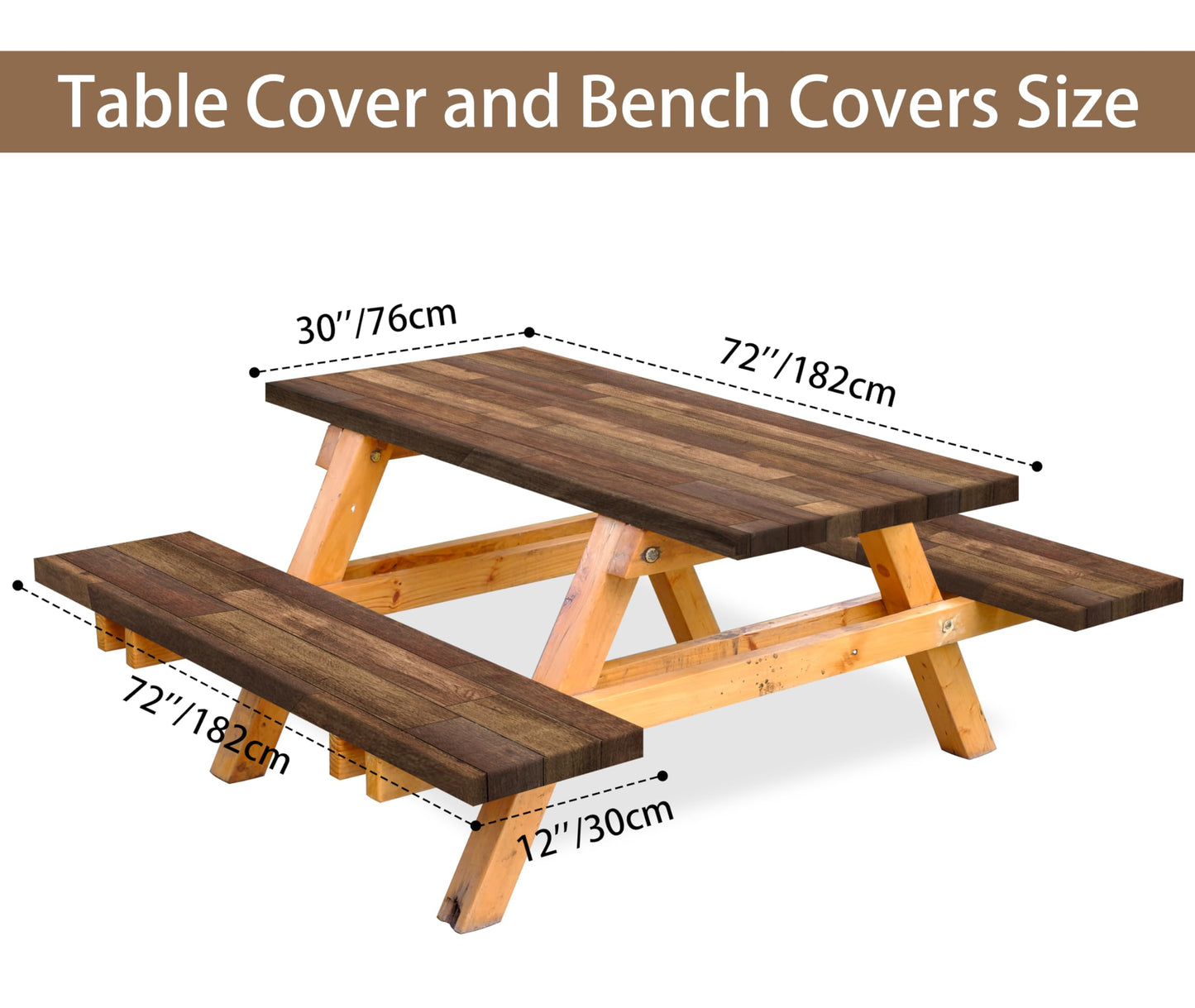 Kamoor Picnic Table Cover with Bench Covers Waterproof Camping Essentials Wooden Brown Elastic Outdoor Fitted Tablecloth Reusable Rectangle Table Cloth for RV Party Travel
