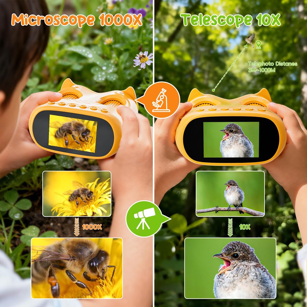 Temodu 2-in-1 Kids Microscope Telescope, 2.0" 1000X Digital Microscope for Kids, HD Portable Education Telescope for Kids Birthday Festival Gift, Science Fun Toys for Children Age 4-12 (Yellow)