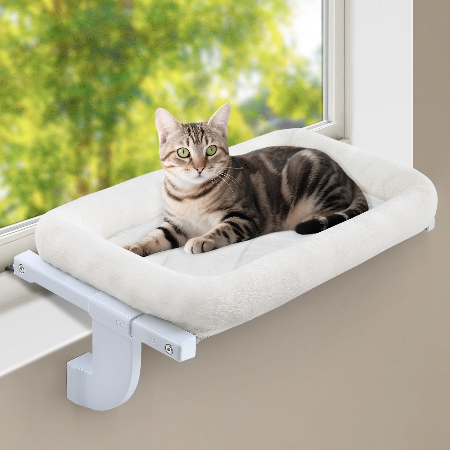 Sunhoo Cat Window Perch Hammock Cat Window Sill Bed No Drilling for Indoor Large Cats Adjustable Cordless Kitty Windowsill Ledge Seat Shelf Hamac Pour Chat Fenêtre Hold up to 18kg (White, L)