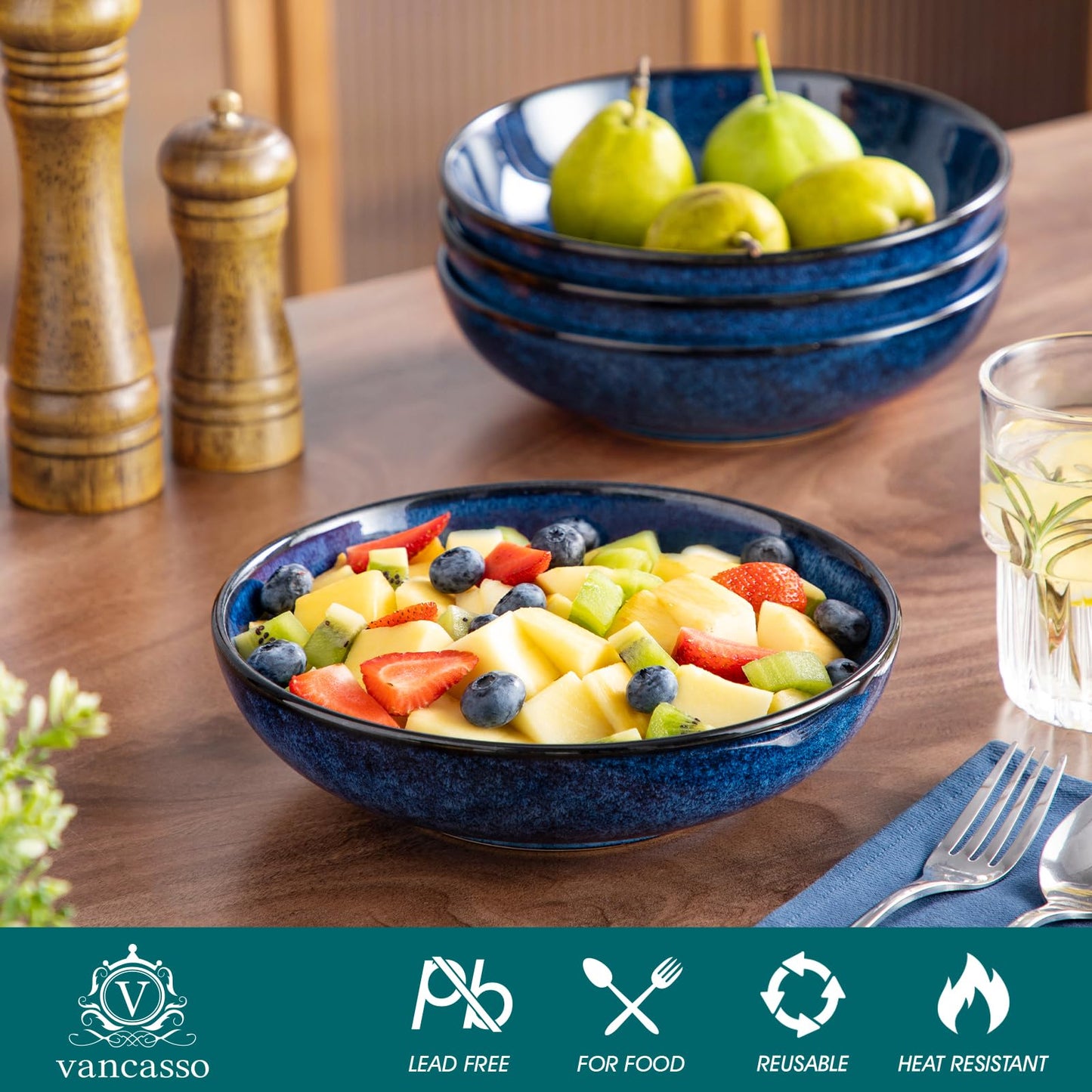 vancasso Stern Large Pasta Bowls Set of 4, 38 Oz Ceramic Salad Plate Bowls for Serving, Kitchen Stoneware Wide Bowls for Soup, Pasta, Salad, Cereals, Microwave Oven Safe, Reactive Glaze-Blue
