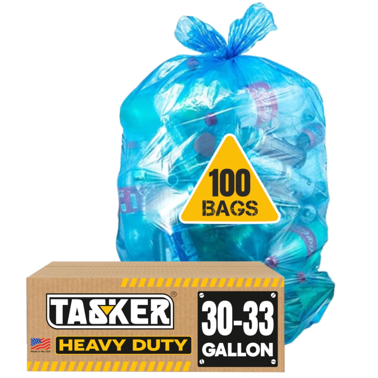 MegaValue Pack 100 Blue Recycling Bags 33 Gallon Heavy Duty With Ties - 30 Gal, 33 Gal Garbage Bags