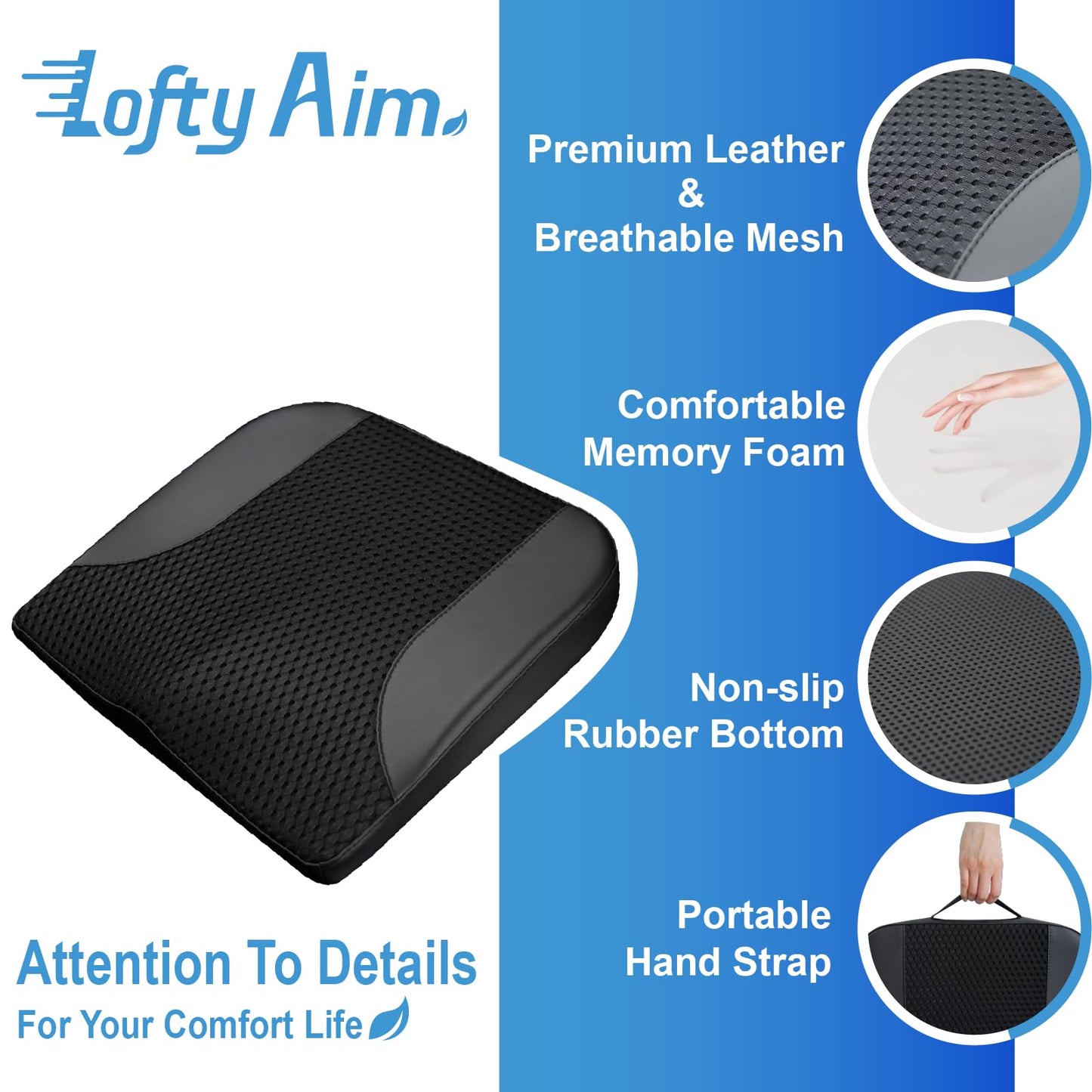 Car Seat Cushion: Comfortable Memory Foam Car Seat Cushion for Driving - for Sciatica-Tailobone Pain Relief - Seat Cushion for Car-Truck, Office, Wheelchair - Black Leather & 4D Mesh