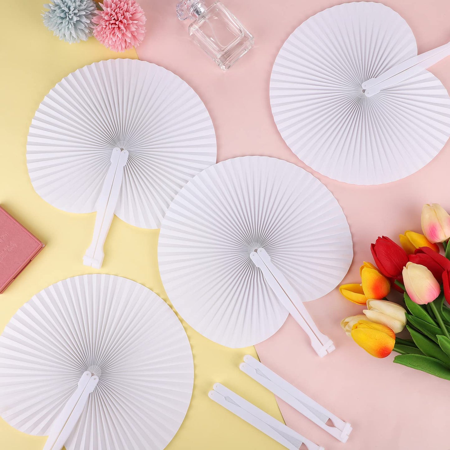 MCEAST 100 Pieces White Party Paper Fans Decorations Folding Fan Handheld Fan Round Shaped Paper Fans with Handle Hand Fans for Wedding Birthday Party Favors