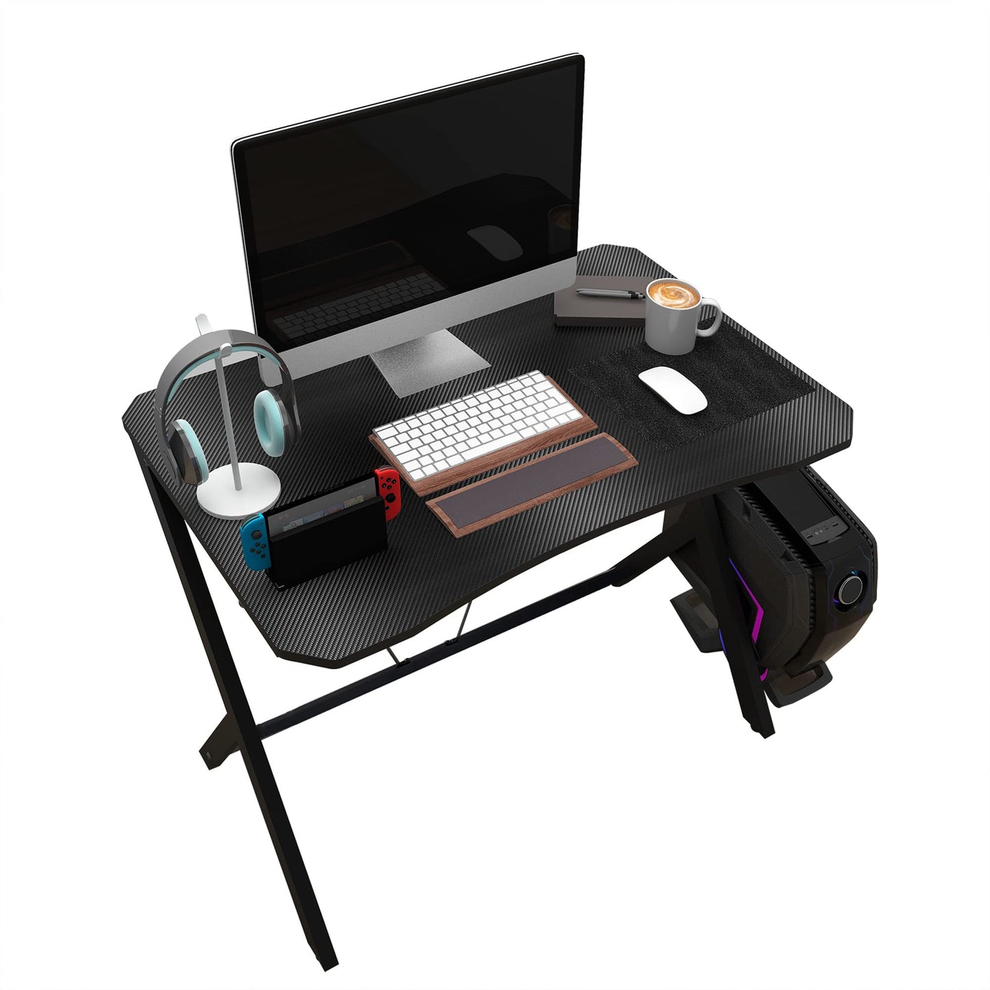 DEILALY 35In Carbon Fiber Small Gaming Desk W90CM Small Computer Table Gamer Desk Office Home Study Work Station Bureau Pupitre PC Table Steel Legs Dormitory Apartment Corner Desk
