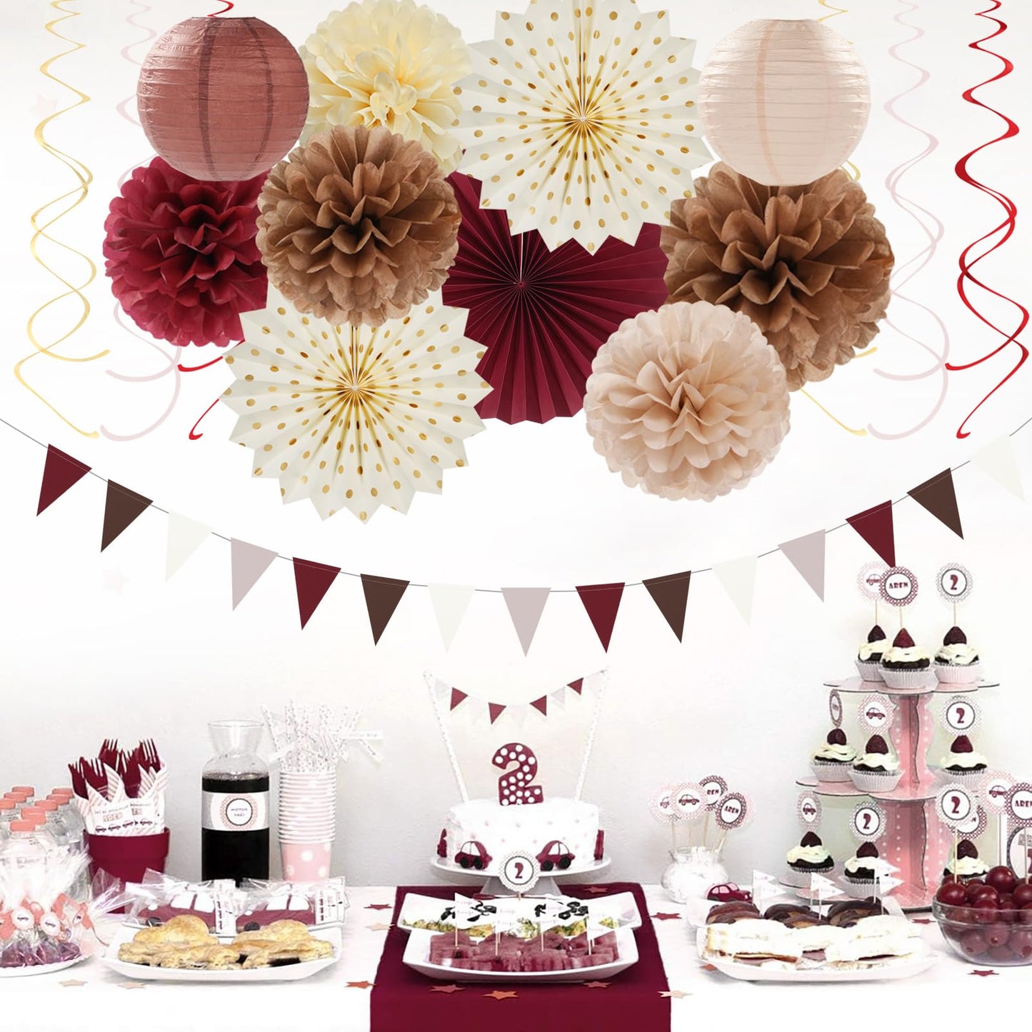Brown Burgundy Champagne Dusty-Pink Party-Decorations - 33pcs Banner,Streamers Tassel Garland,Fall Boho Baby Shower,Wedding Tissue Pom Poms Honeycomb,Paper Lantern Fan,Birthday,Engagement Hugtmr