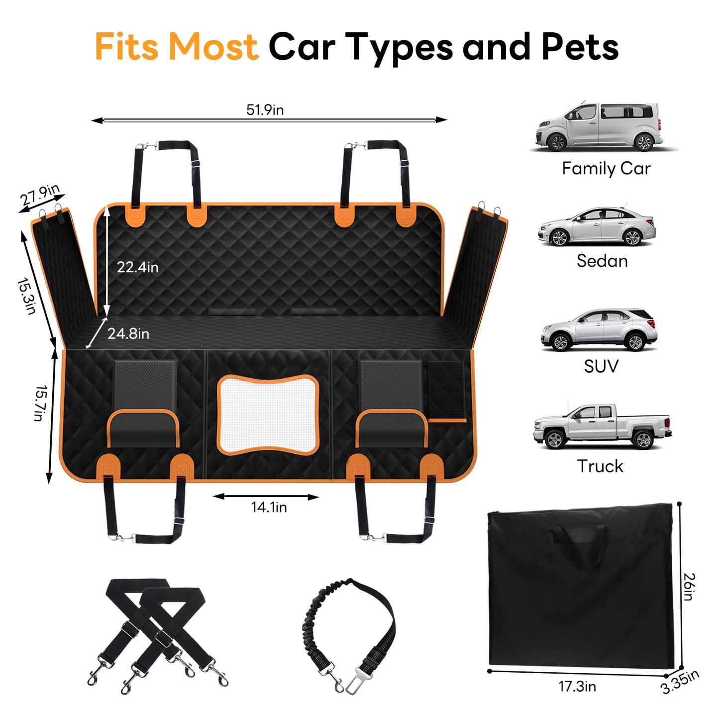 Chioratree Back Seat Extender for Dogs - Hard Bottom,Waterproof Dog Car Seat Cover for Back Seat Holds 450 lbs - Detachable, Scratch-Proof and Anti-Slip Dog Hammock for Cars, SUVs and Trucks,Black