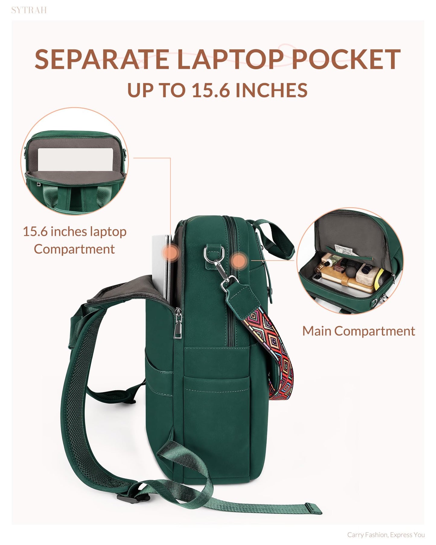 SYTRAH Leather Laptop Backpack 15.6 Inch Womens Laptop Bag, 3 IN 1 Computer Bag Handbag with Colorful Shoulder Bag Strap for Work Travel College Green