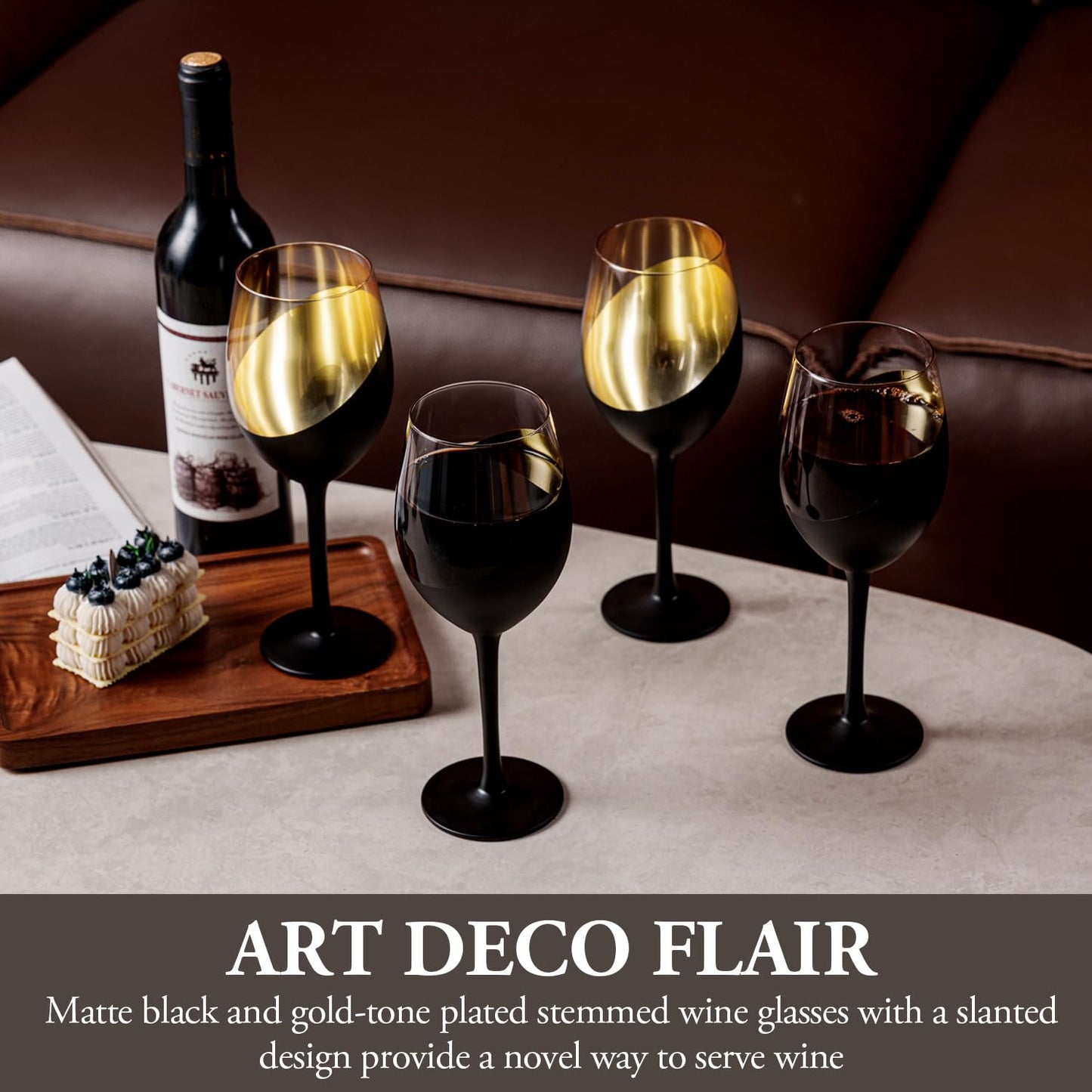 MyGift 14 oz Modern Slanted Matte Black and Gold Tone Stemmed Wine Glasses, Elegant Angled Design with Metallic Interior Accent Glass Stemware, Set of 6