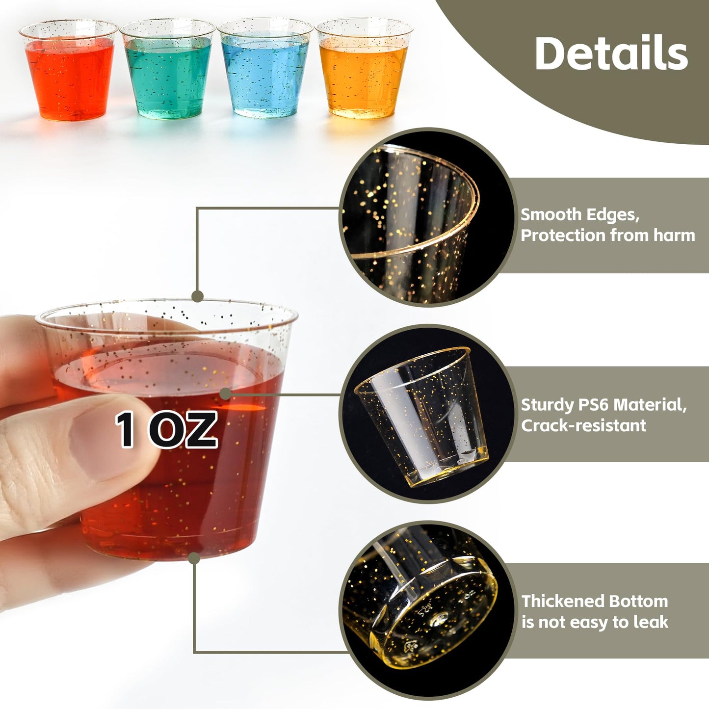 Byvivace [1000 Pack 1oz Shot Glasses Disposable Cups, Gold Glitter Plastic Shot Glasses for Sauces & Dips, Shot Cups Ideal for Tequila, Whiskey, Wine Tasting, Vodka & Liquor