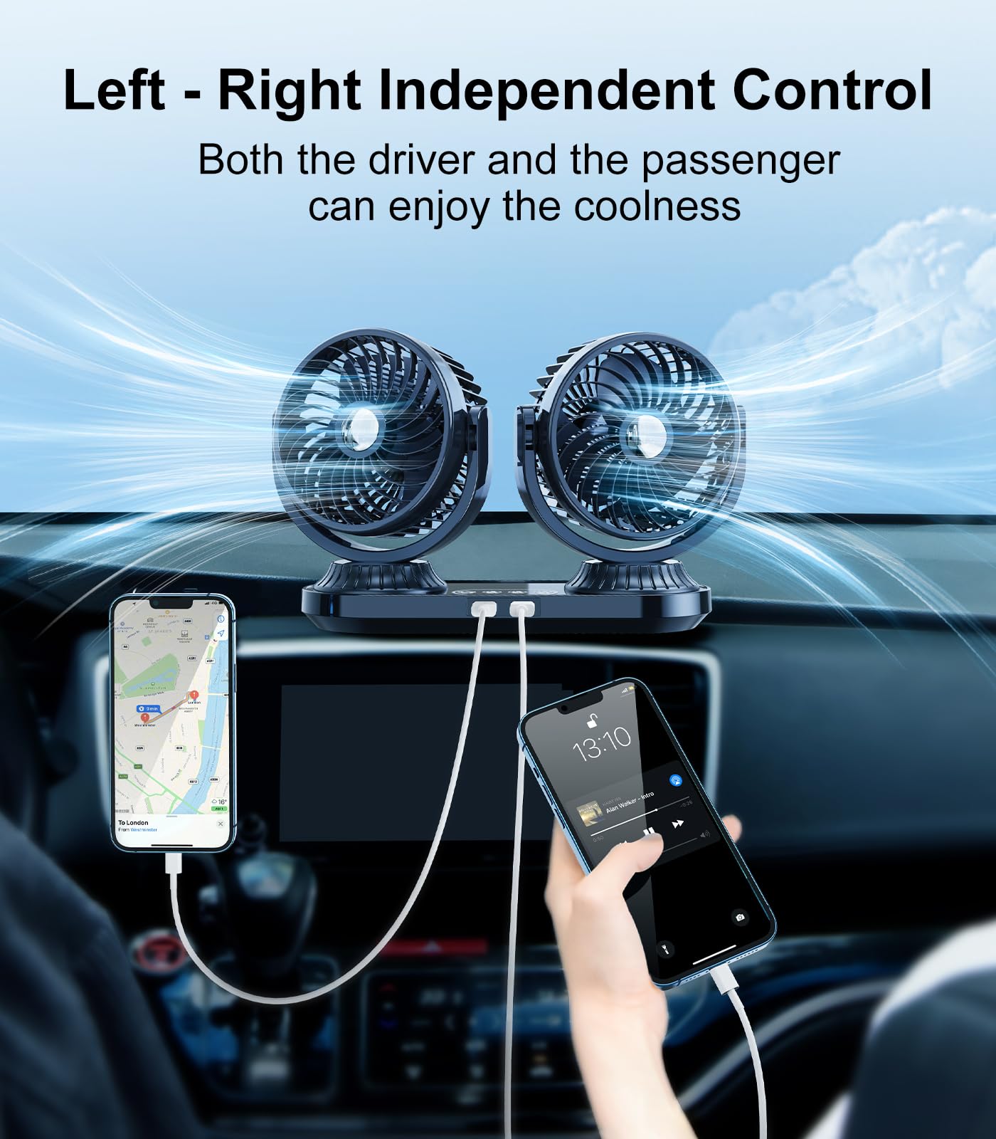 DICMKY Dual Head Auto Oscillating Car Cooling Fan for Dashboard, DC 12V / 24V Cigarette Lighter Plug Car Fans That Blow Cold Air Cooler for Vehicles Sedan SUV Rv Van Truck Utv Tractor Cab Without AC