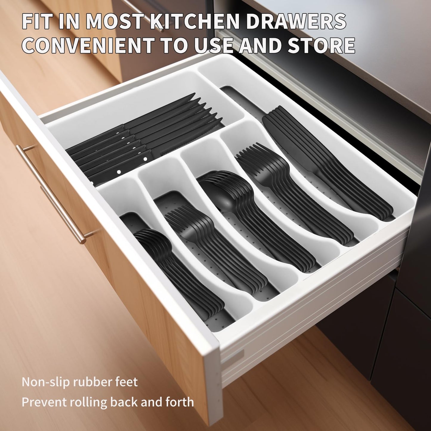 53PCS Silverware Set for 8 with Flatware Drawer Organizer, Stainless Steel Cutlery Set with Steak Knives, Include Spoons and Forks Set & Serving Utensils, Dishwasher Safe, Heavy Duty, Silver