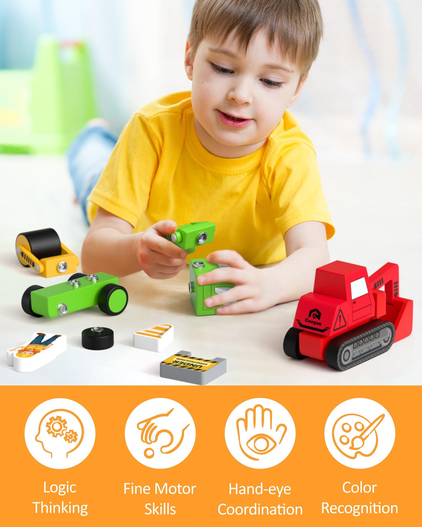 Coogam Take Apart Construction Truck Toys for Toddlers, Snap Together Engineering Car Building Block Set, STEM Fine Motor Skill Educational Montessori Toy Gift for Kids Ages 3-8