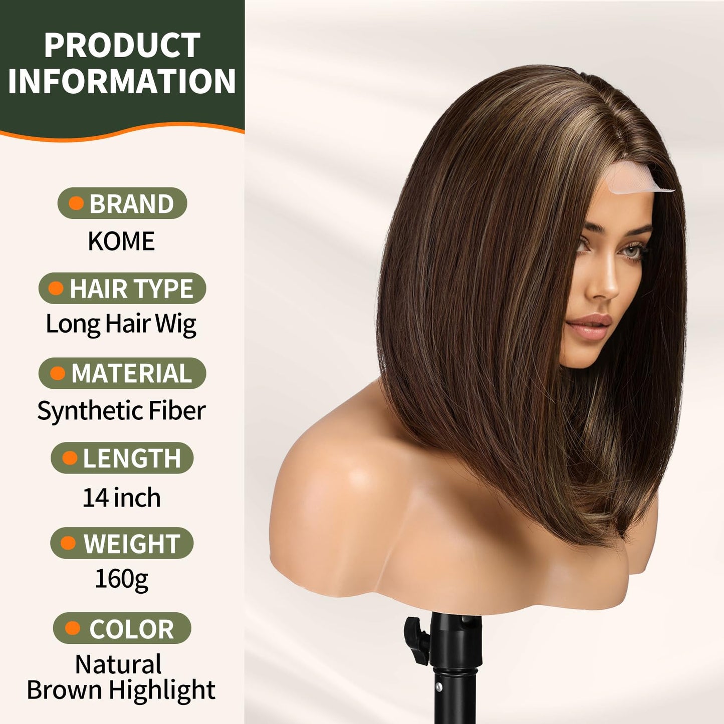 KOME Natural Brown Highlight Short Bob Wigs,Brown Straight Shoulder Length Wigs for Women,Middle Part Heat Resistant Fibre Synthetic Wig Daily Use…